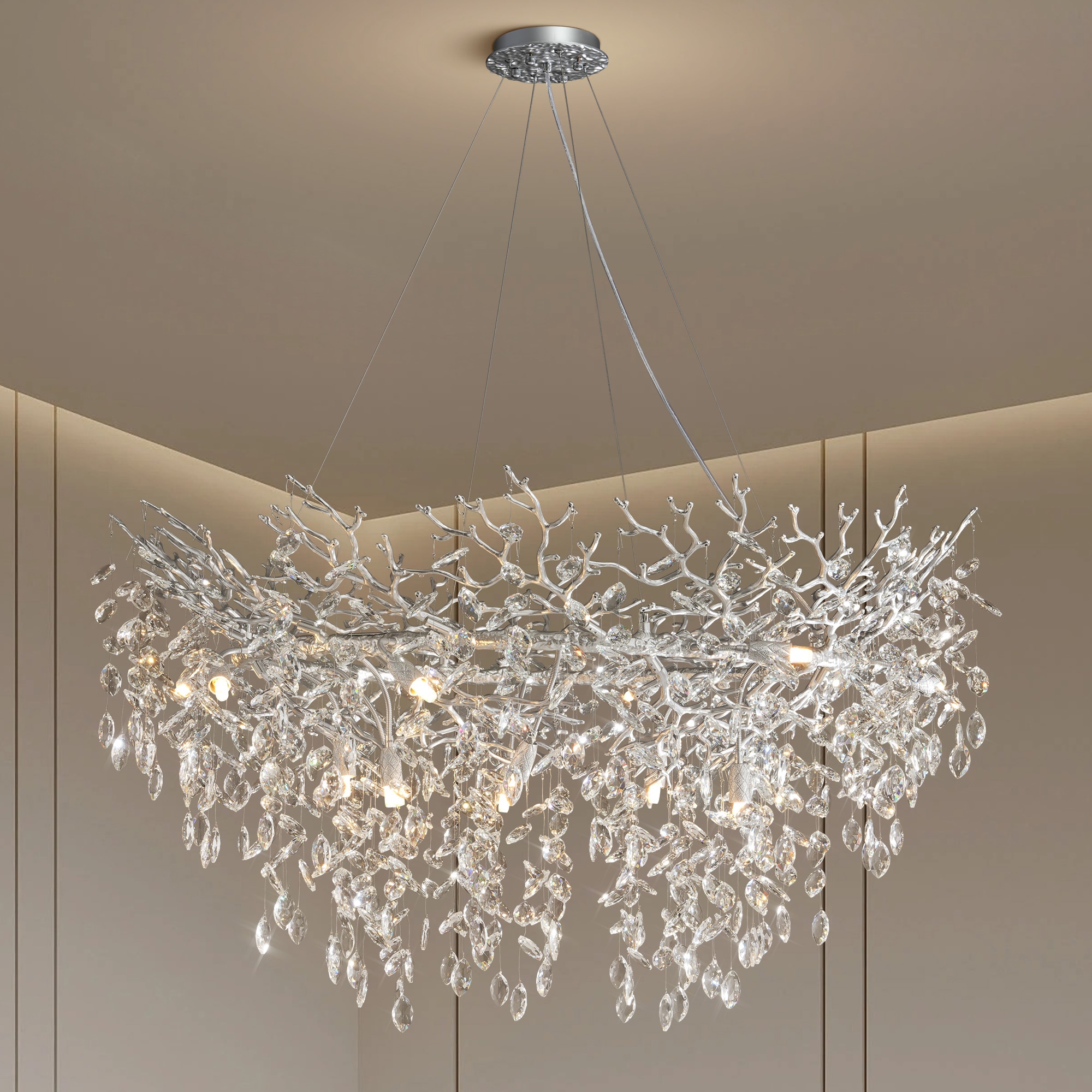 Gleam Flare 47 inches Modern Crystal Chandelier 14 Lights Silver Tree Branch Chandeliers Round K9 Crystal Raindrop Chandelier for Dining Room Living Room Foyer Entryway Kitchen Bedroom