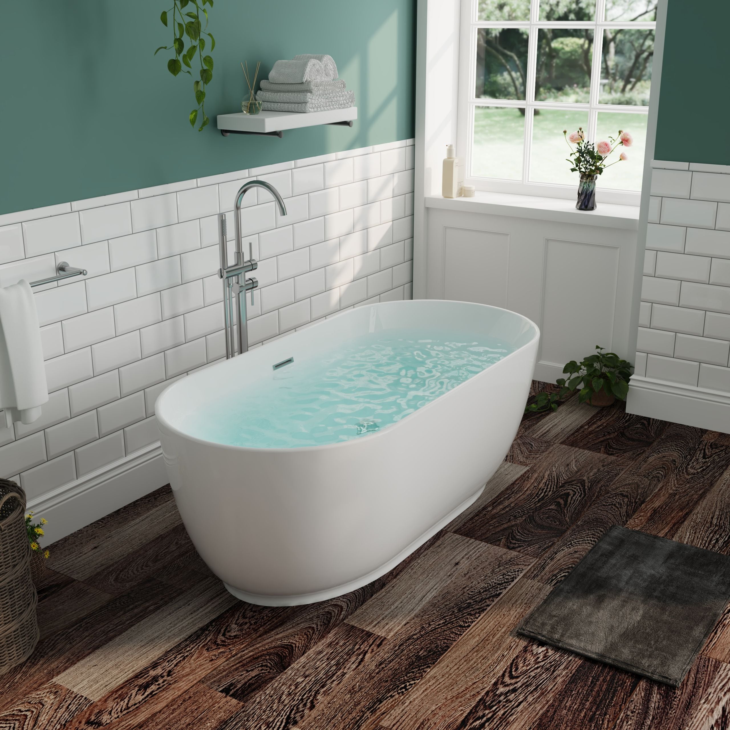 LIVIZA LBTY-VZ67LYR 67-in x 31.5-in White Acrylic Oval Freestanding Soaking Bathtub with Drain ( Center Drain )