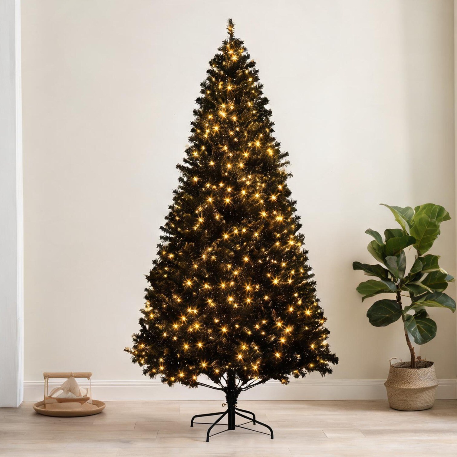 BBabe - 7.5 ft Christmas Trees featuring Folding Design with Sleek Black Pre-Lit Christmas Tree
