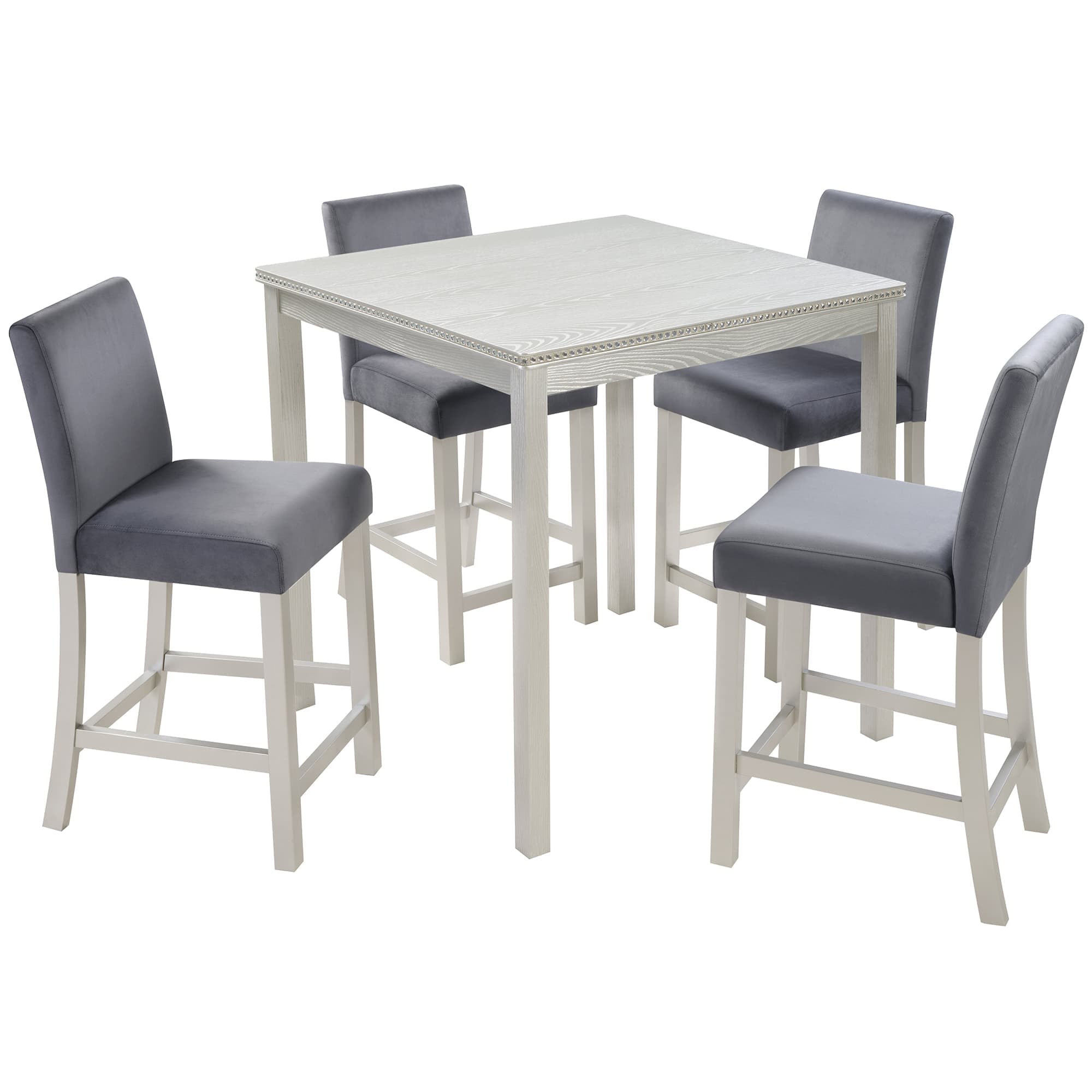 Vynxaria LESX1284-DJCZ-TZ027 5 Piece Counter Height Table Set Wooden Square Table with 4 Upholstered Chairs Crystal Decoration for Kitchen Dining Room Silver Grey 330lbs Capacity