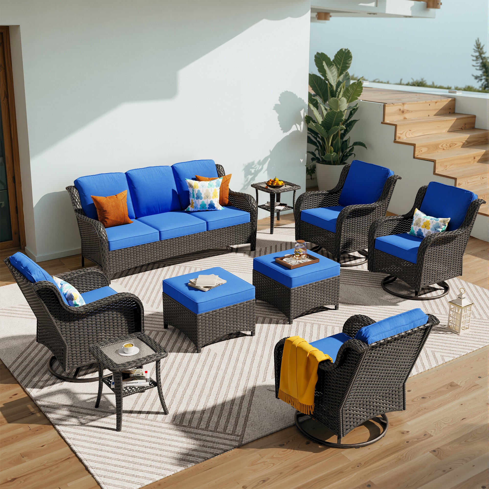 Pouuin SYZNTC7-9 9 -Piece Wicker Patio Sofa Conversation Set with Navy Cushions