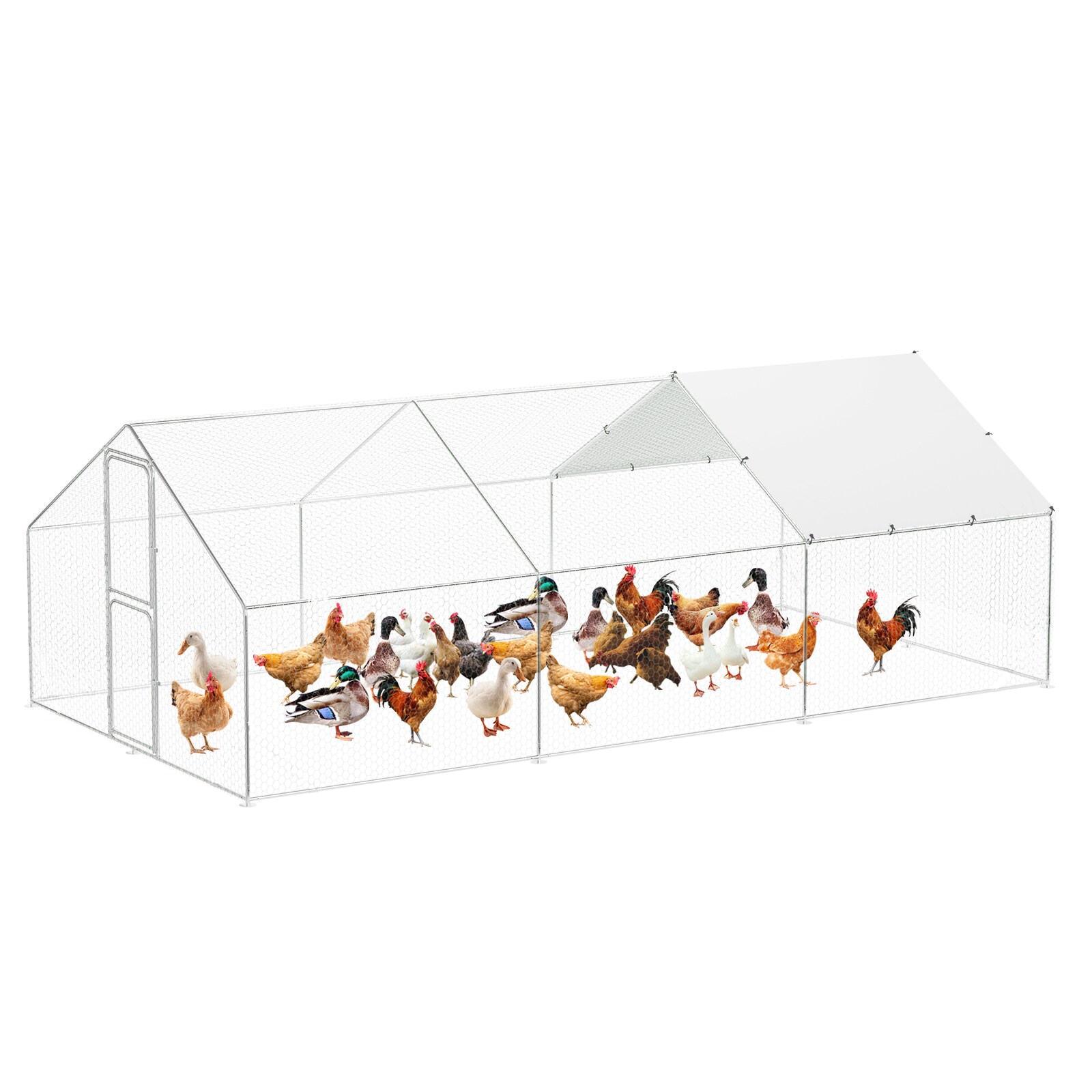 IdealHouse Large Metal Chicken Coop with Waterproof and Anti-UV Cover Walk-in Poultry Cage Double Lockable Doors Peaked Roof Outdoor Chicken Run for Backyard Farm Use 9.8x19.7x6.6 FT