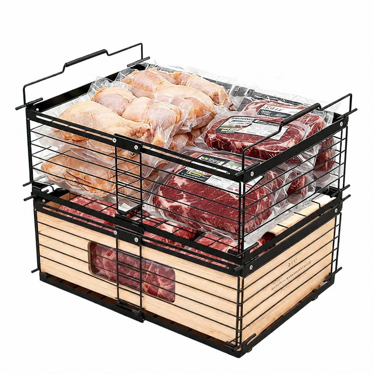 Phewnyzo  2 pcs Expandable Stackable Freezer Organizer Bins with Handles Metal Storage Baskets for Chest Freezer Fridge Pantry Cabinet Adjustable