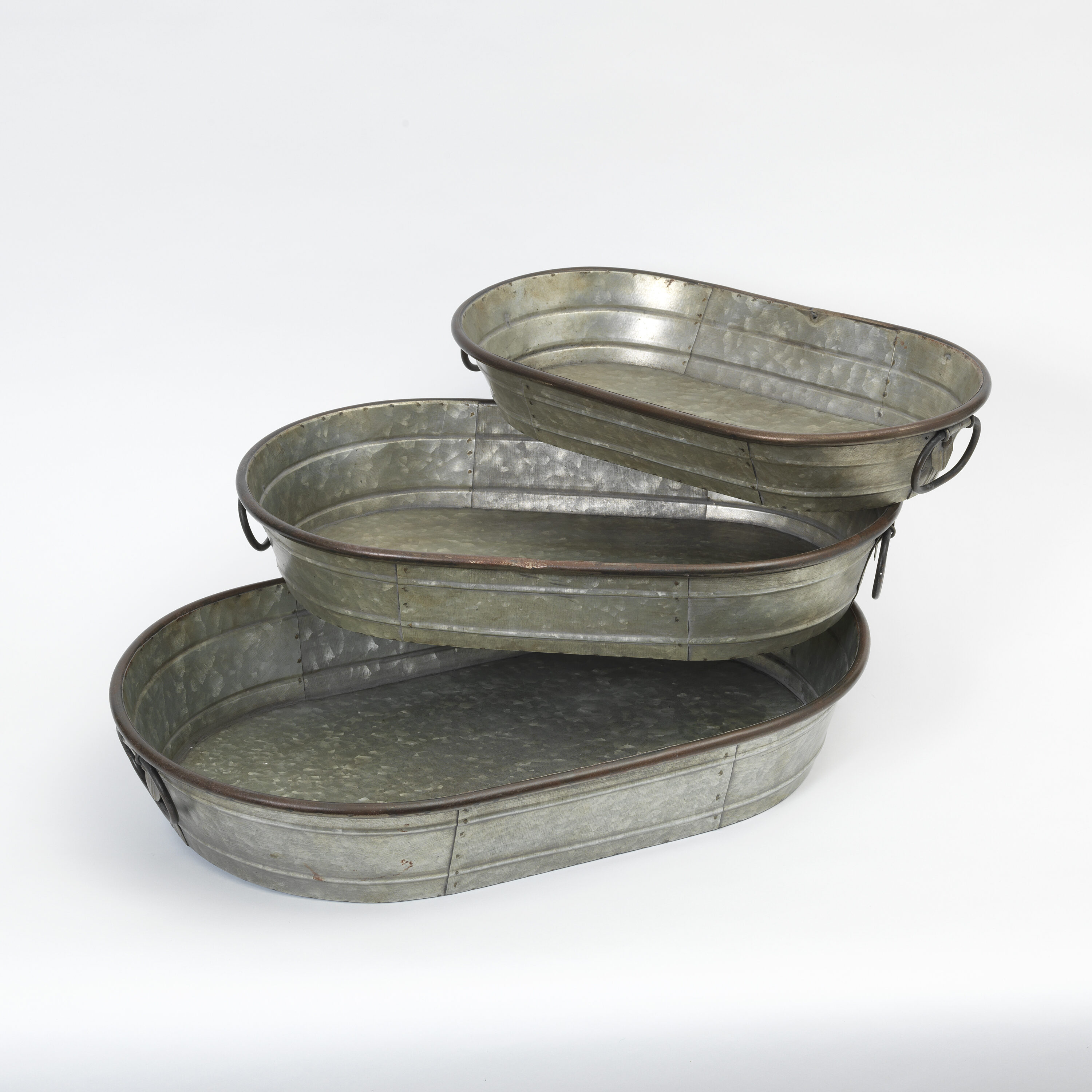 Set of 3 Rustic Gray Galvanized Metal Oval Planter Trays