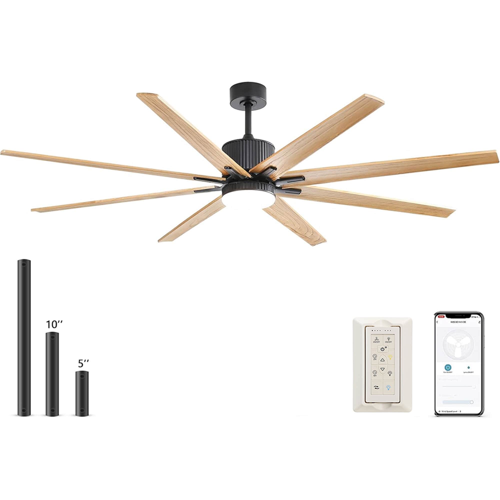 SINOFURN SYD130021WD 76-in Color-Changing Integrated LED Outdoor Smart Black+Brown with Wood Blades Ceiling Fan With Light - Remote Included ( 8 -Blade )