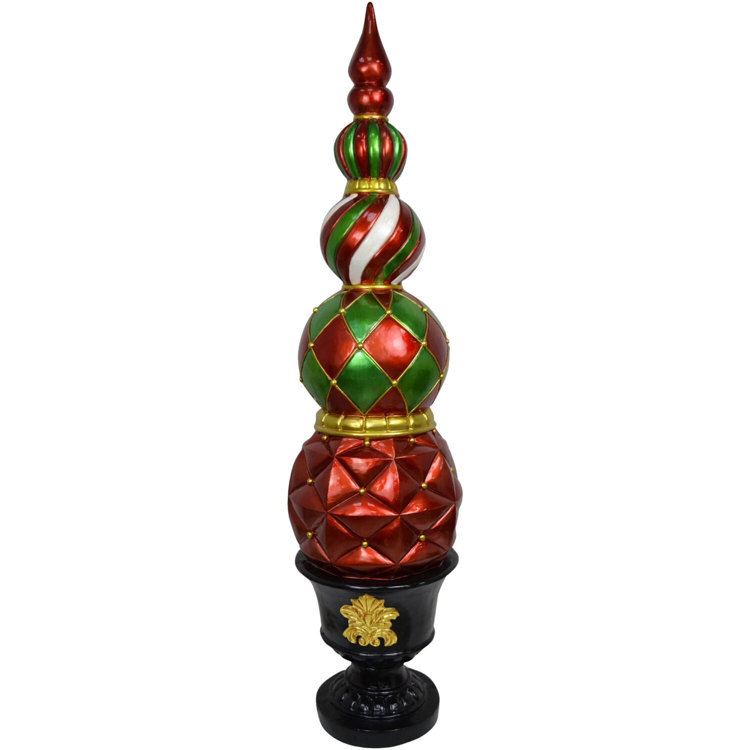 Fraser Hill Farm FFRS050-0FIN-RED 50-Inches Indoor/Outdoor Resin Ball and Finial Topiary in a Black Pedestal Urn Ornaments Christmas Decor