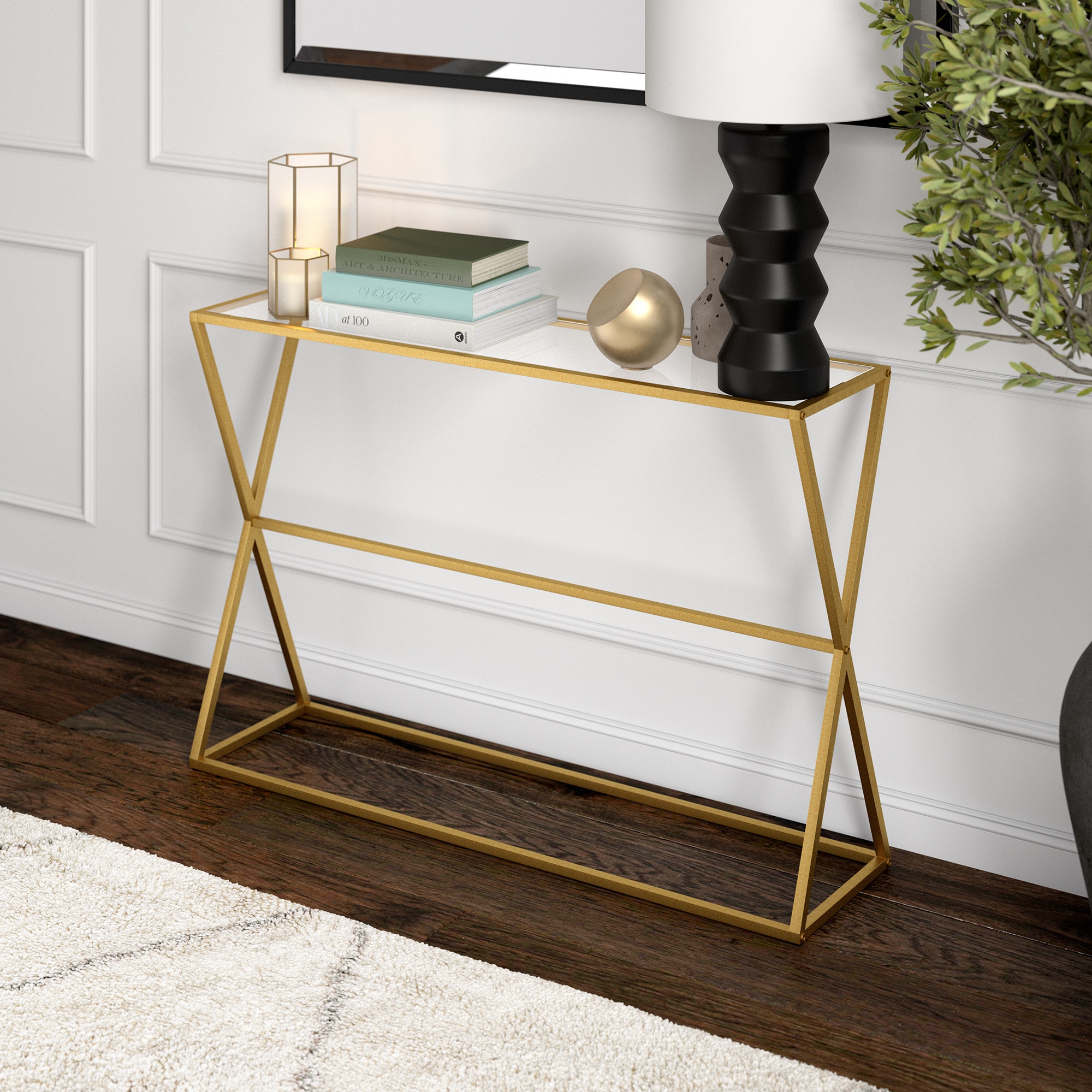 Streamlined Brass & Glass 45" Console Table with Storage
