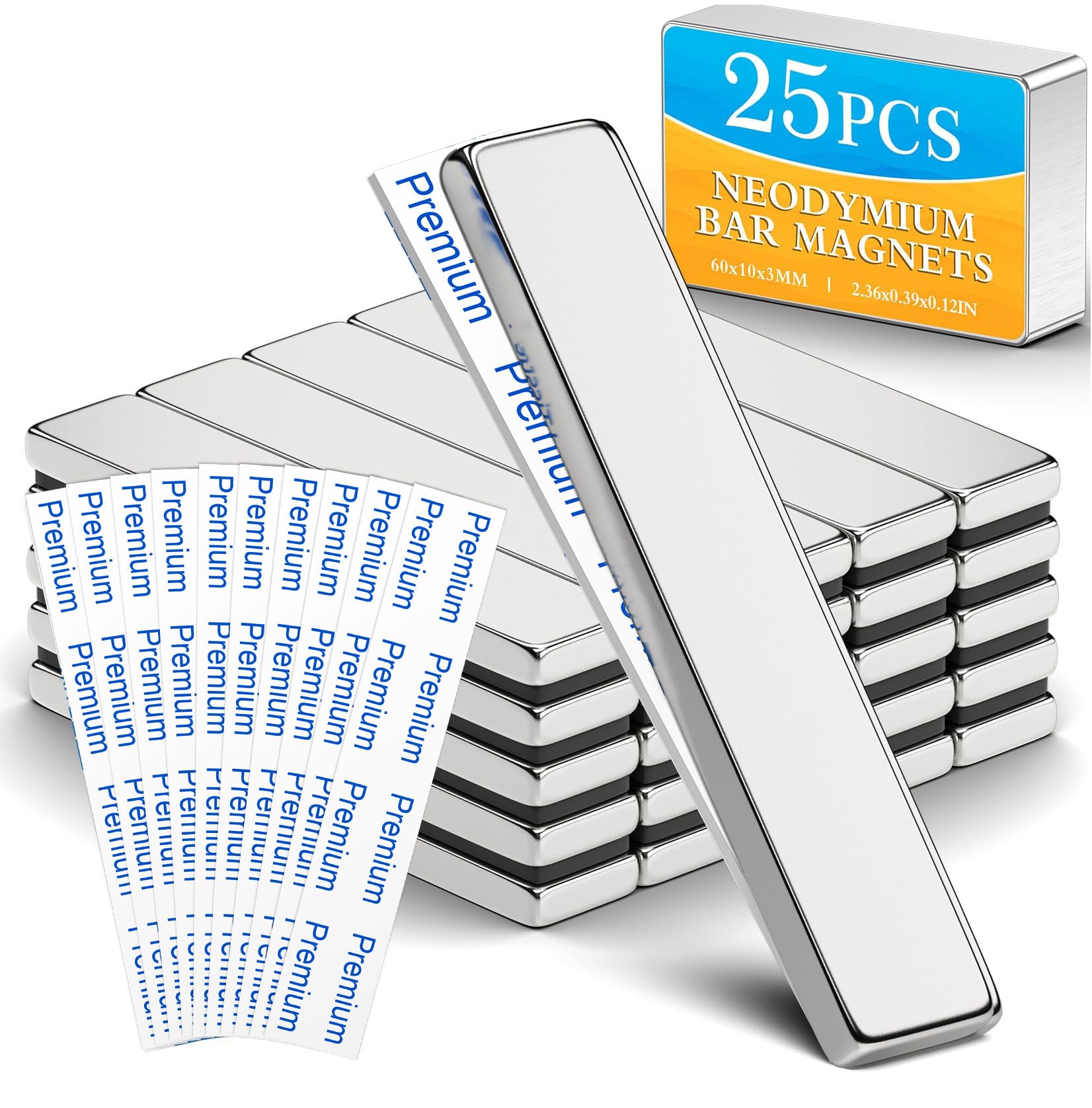 Linder Group Inc 25 pack neodymium bar magnets 60 x 10 x 3 mm rectangle rare earth magnets with double sided adhesive backing strong for fridge whiteboard diy #L3EF3TFM