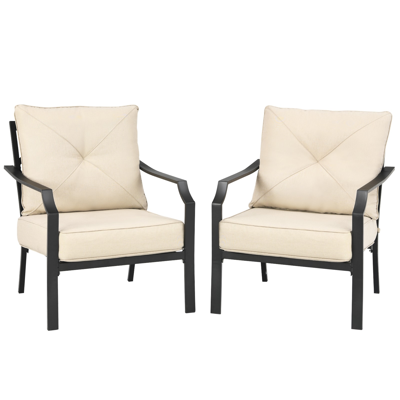 WELLFOR TDS10083BE Set of 2 Black Iron Frame Stationary Conversation Chair with Off-white Cushioned Seat