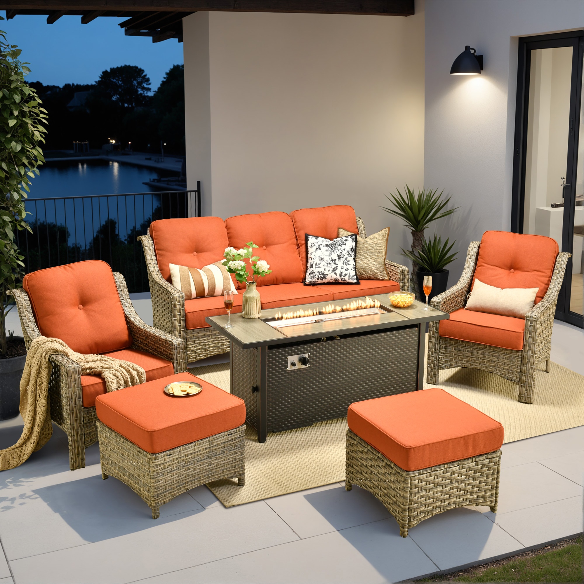 weaxty HMBCFP8503-PAD80C6 Aireno 6 -Piece Wicker Patio Sofa Conversation Set with Red Cushions