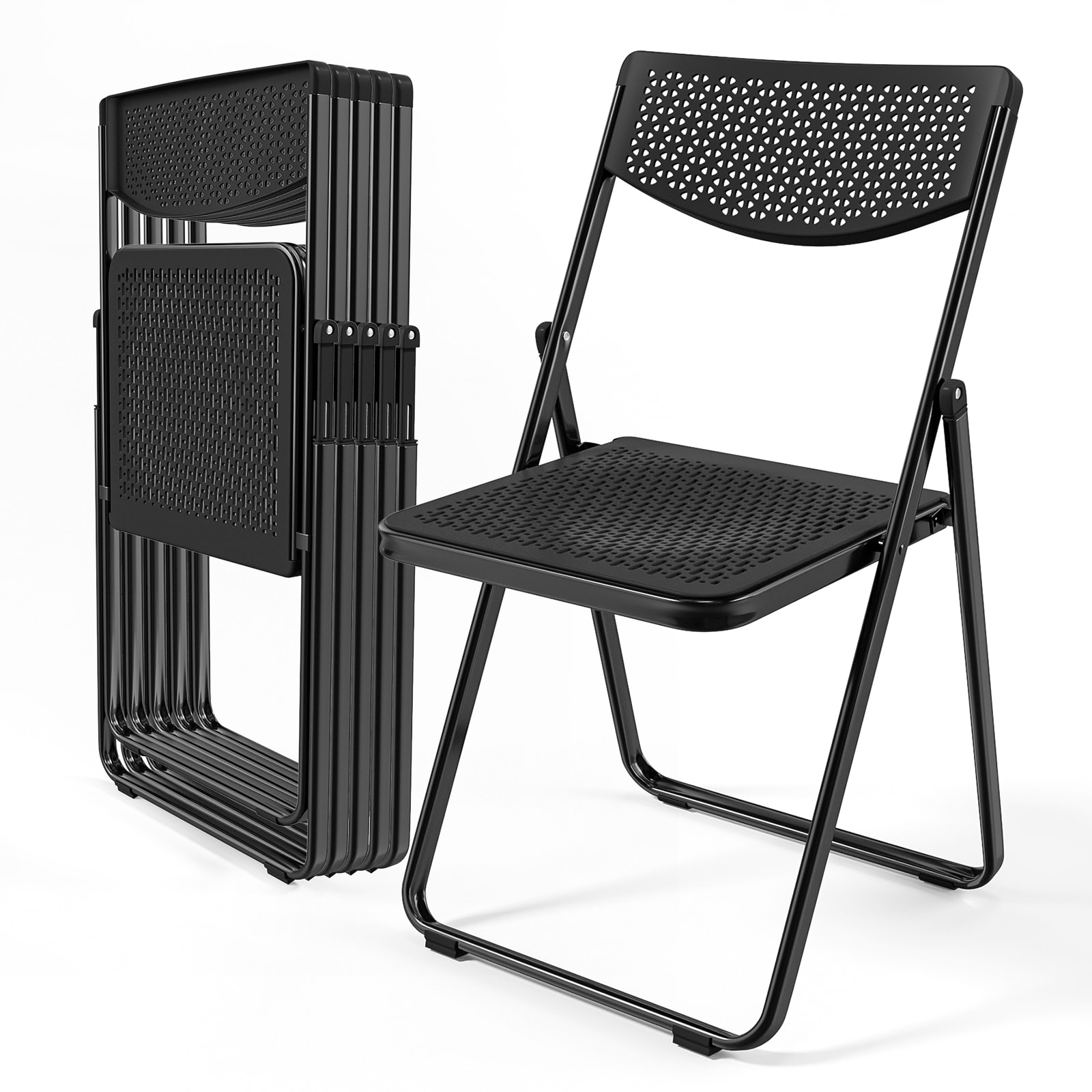 VINGLI 6-Pcs 350lbs Plastic Folding Chairs with Breathable Mesh Seat and Sturdy Metal Frame for Indoor and Outdoor Use Black
