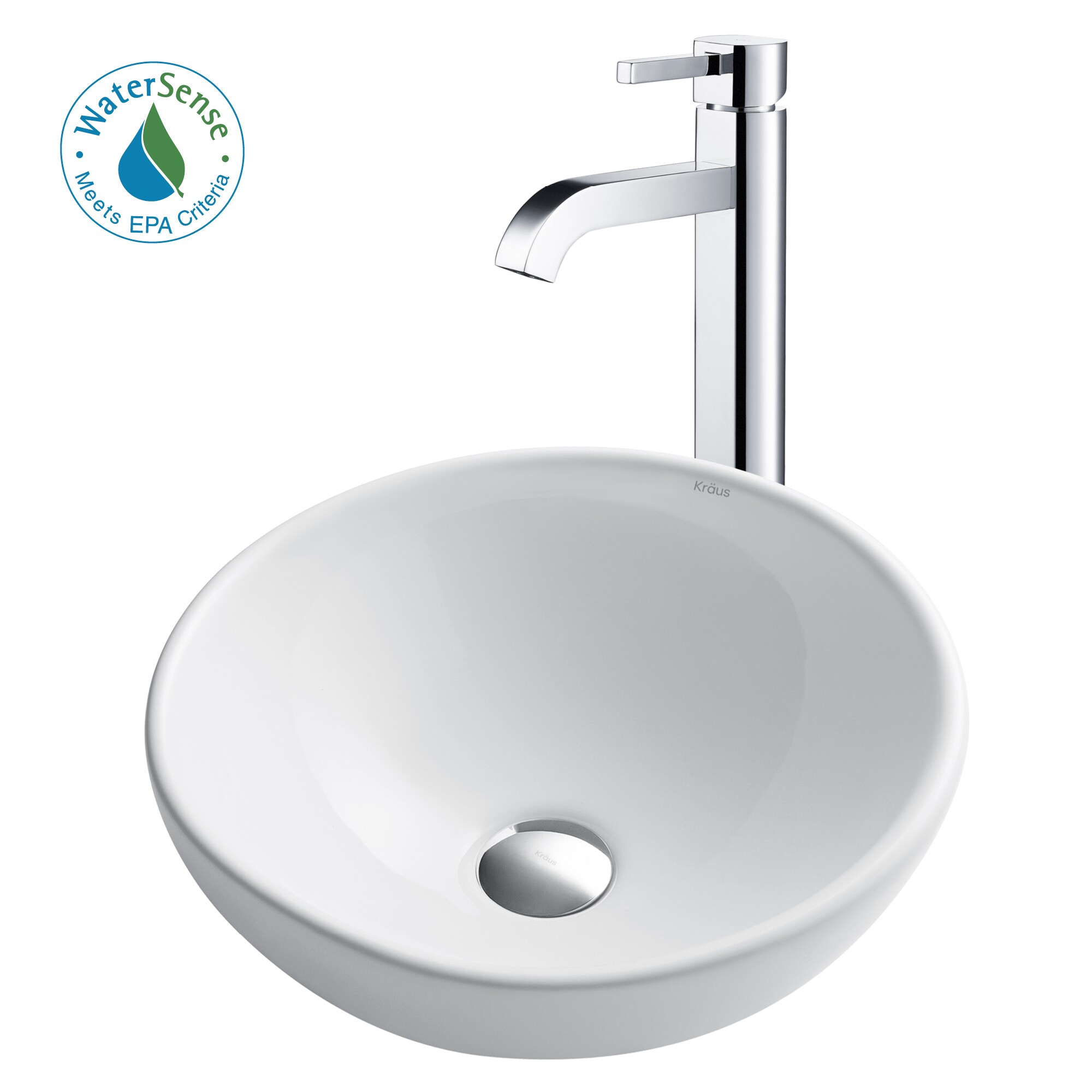 Kraus Chrome Ceramic Vessel Round Modern Bathroom Sink with Faucet Drain Included (15.7-in x 15.7-in)