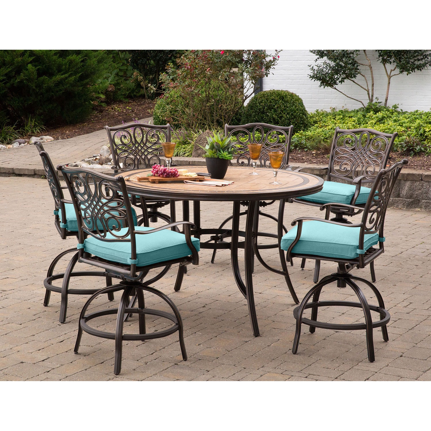 Hanover Monaco 7-Piece Bronze Patio Dining Set Aluminum Round Table ...