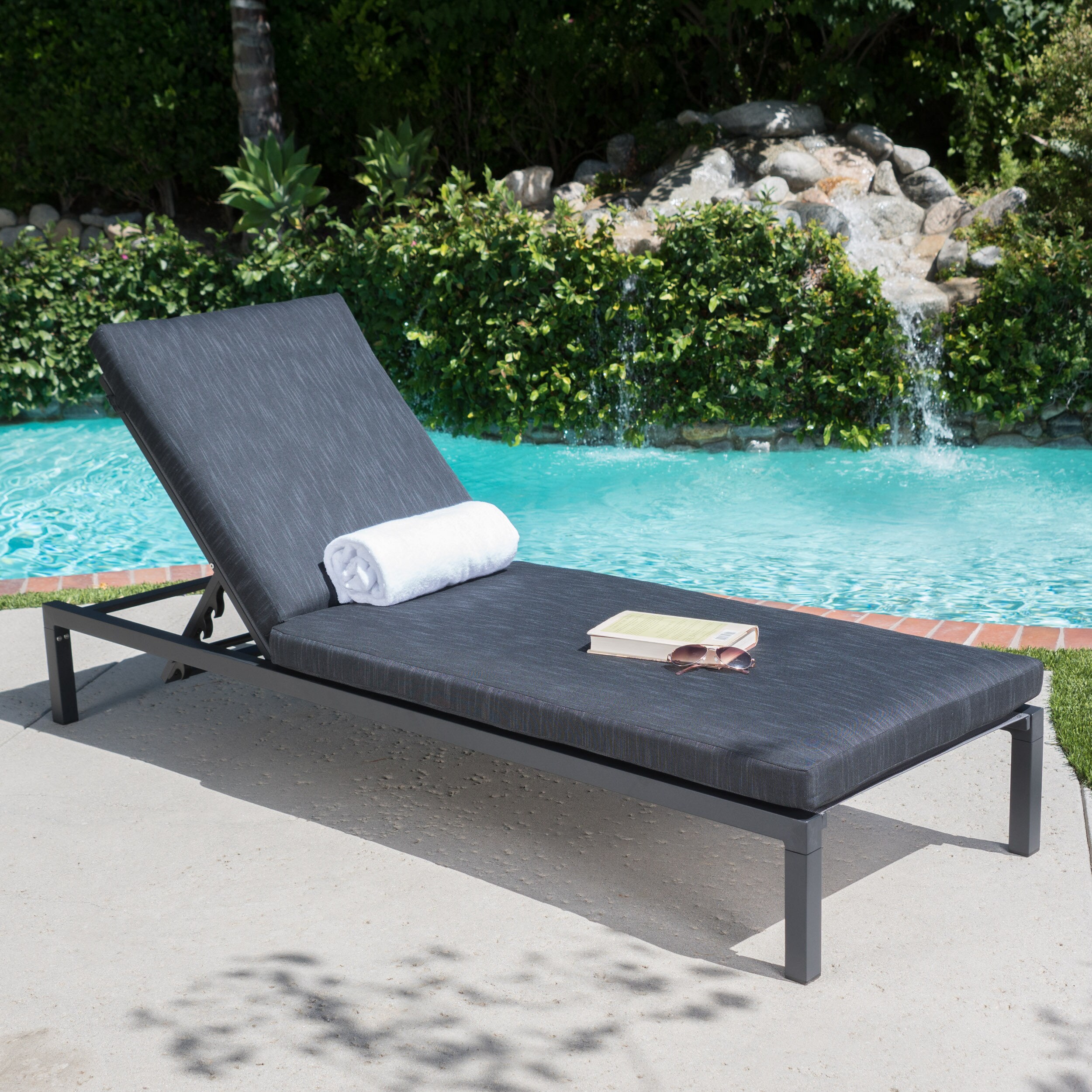 Dark Gray and Black Aluminum Chaise Lounge with Cushions
