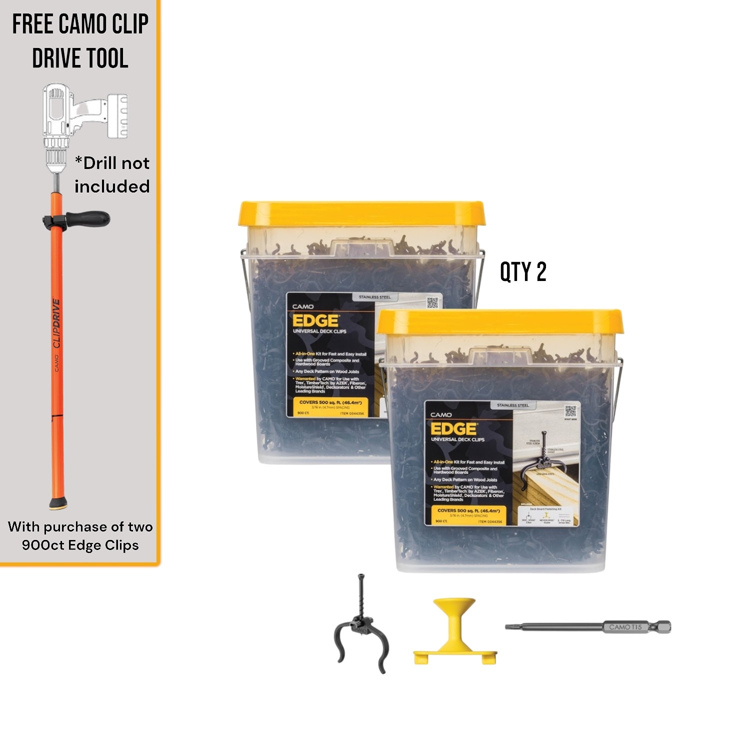 CAMO 0344356-B2 Edgeclip and ClipDrive Decking Tool Bundle 1.75 Inches 316 Stainless Steel Hidden Deck Fastener 1000 Square feet ( 1800 -Pack )