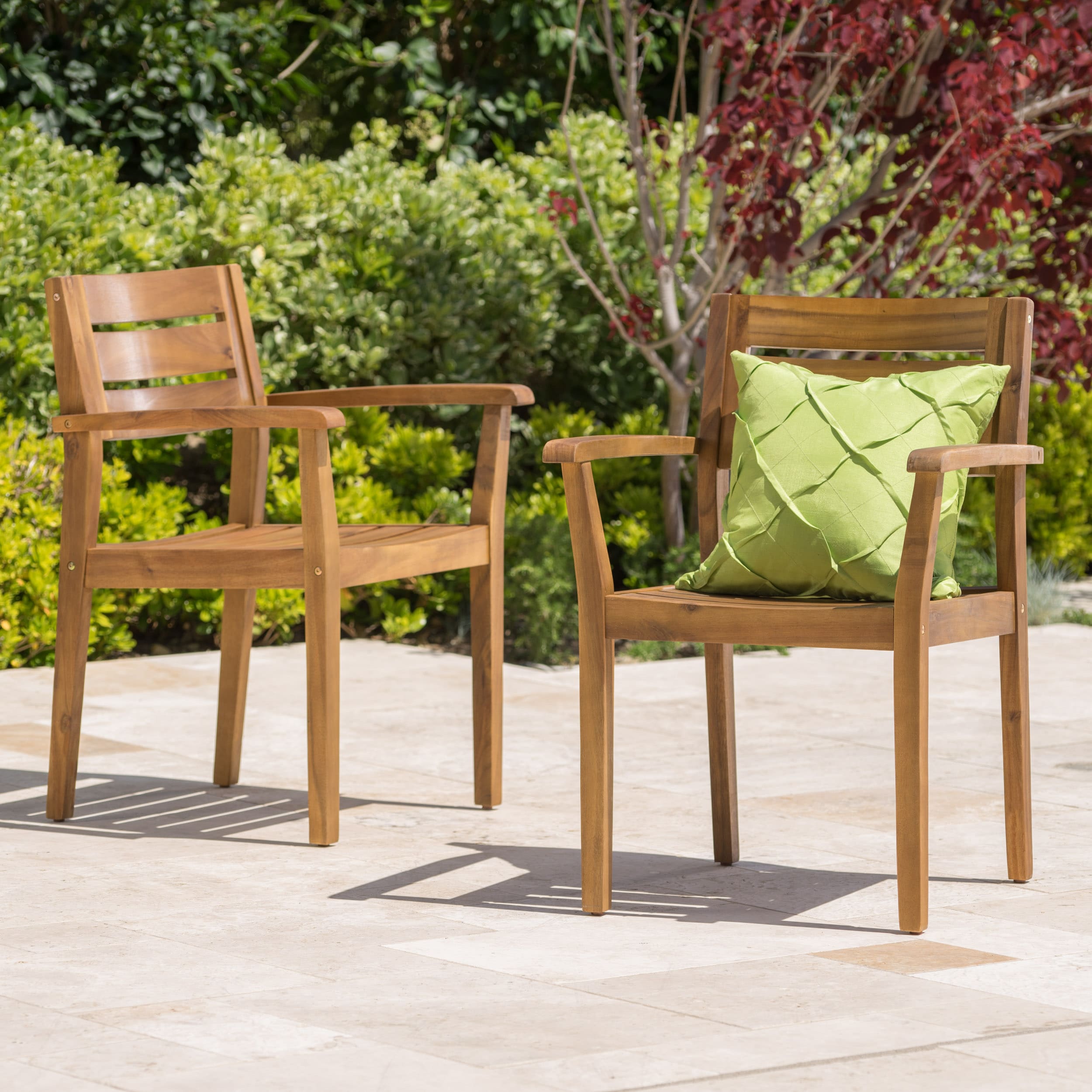Teak Finish Acacia Wood Outdoor Dining Chairs, Set of 2