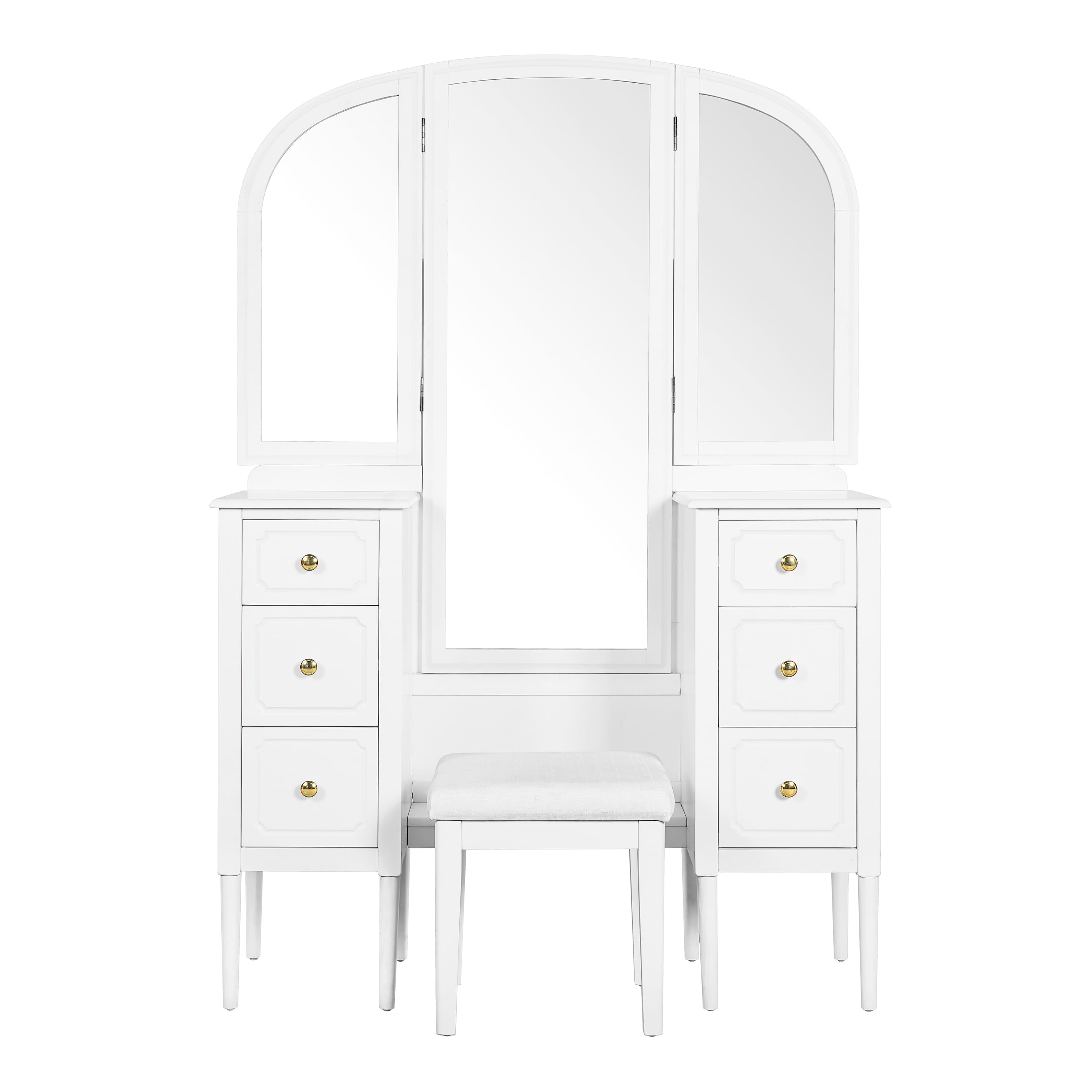 Vynxaria - Antique Makeup Vanity Desk Triple Mirror 6 Drawers Full Length View Upholstered S...