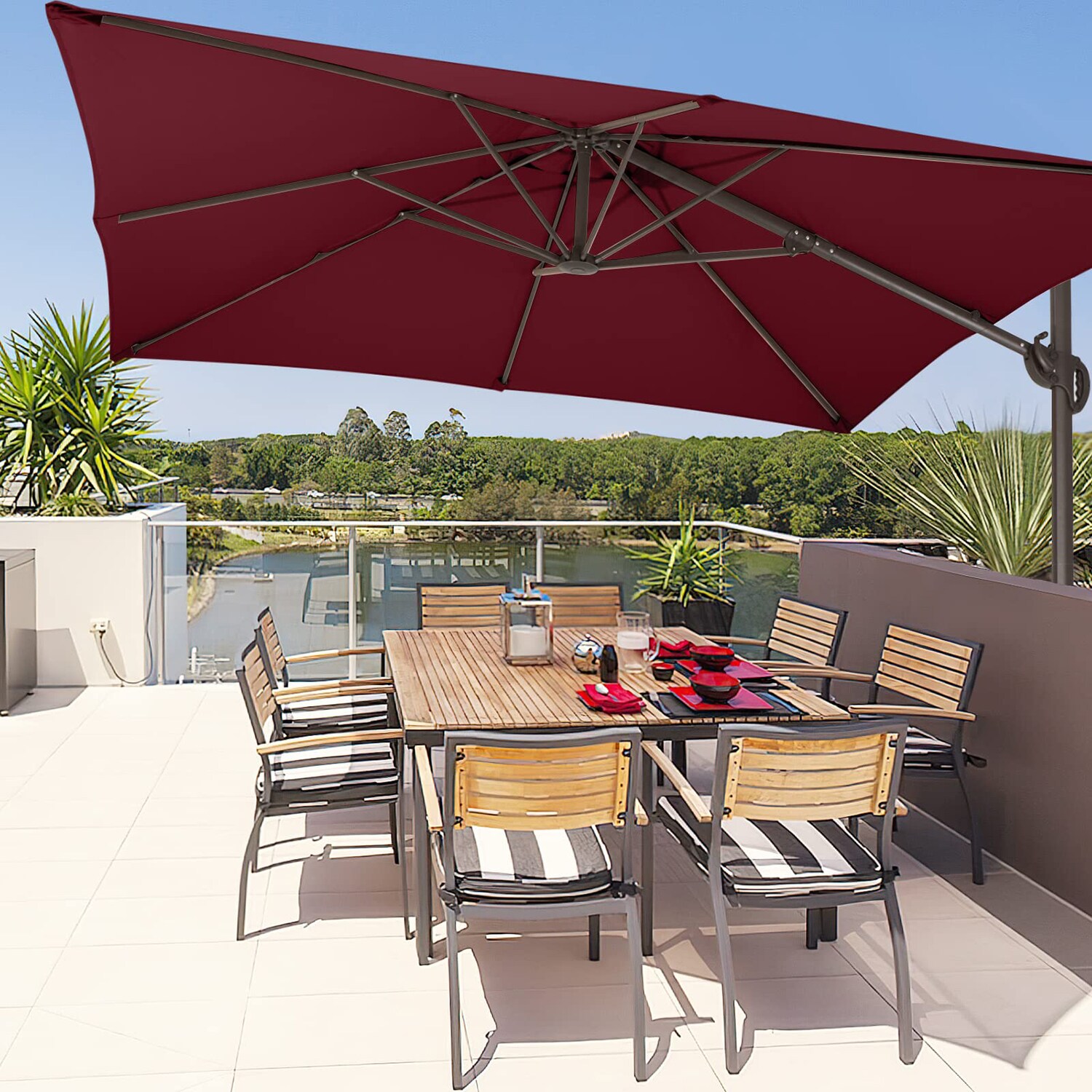 JEAREY 8.2 Ft Red Square Offset Patio Umbrella With Premium Fabric ...