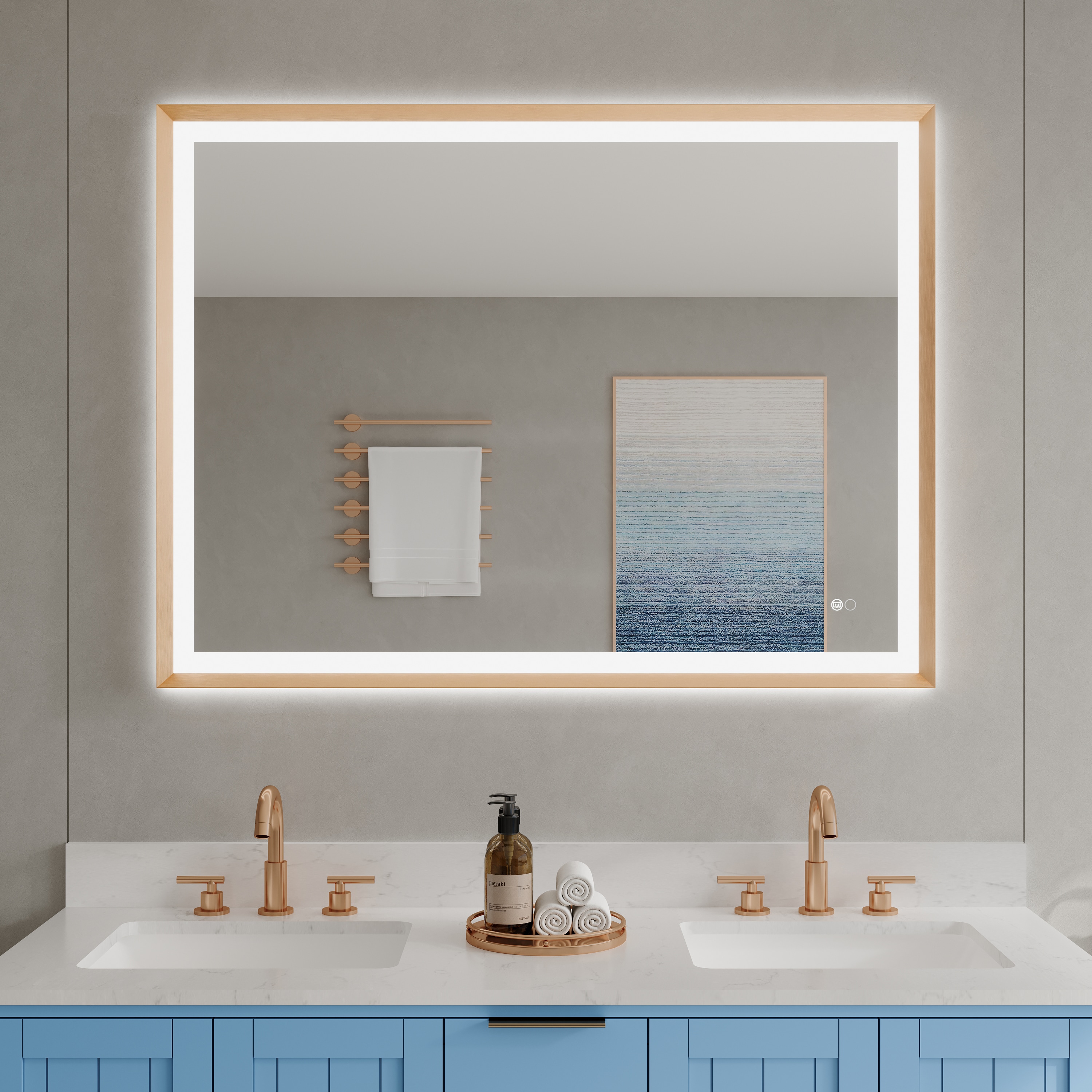 ANGELES HOME  48-in x 36-in Framed Rectangle Aluminum Dimmable LED Bathroom Vanity Mirror With Fog Free (Brushed Gold)