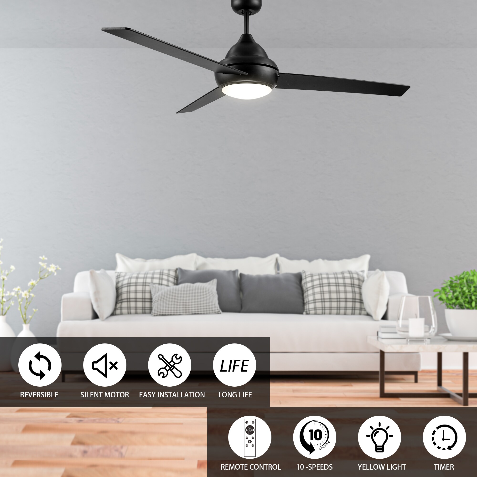 CARRO USA Konfor 52-in Black Indoor Ceiling Fan with Light and Remote ...