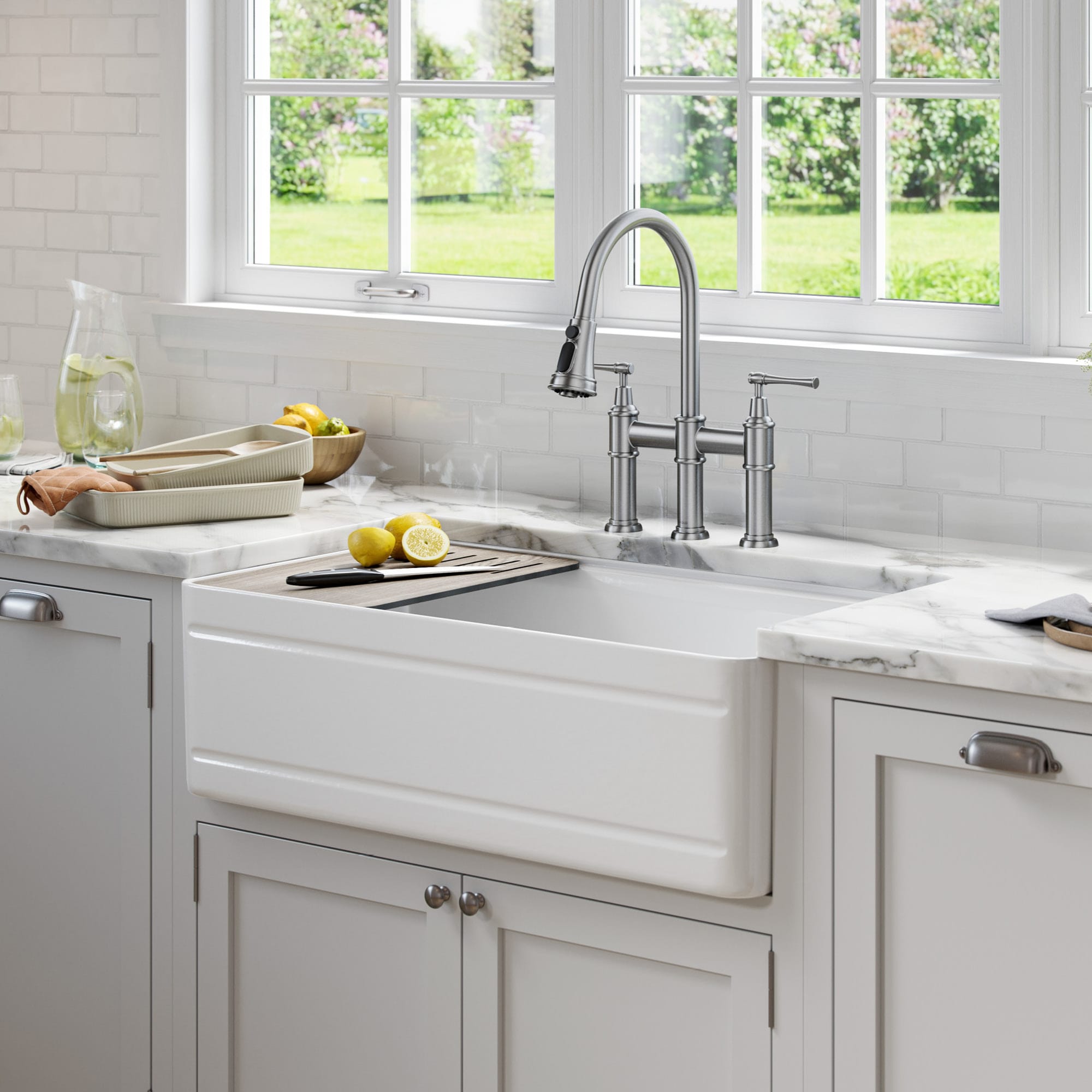 DeerValley White Ceramic 33 in. Single Bowl Farmhouse Apron Workstation Kitchen Sink with Accessories