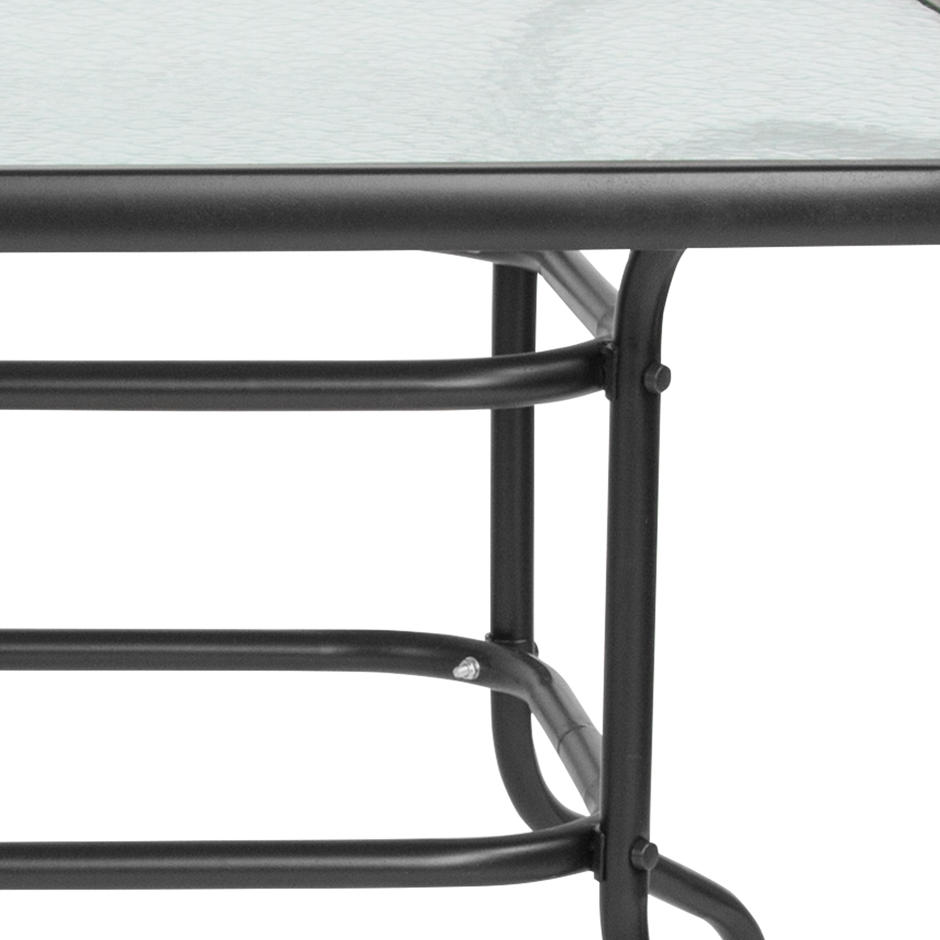 Black Steel Rectangular Patio Table with Glass Top and Umbrella Hole