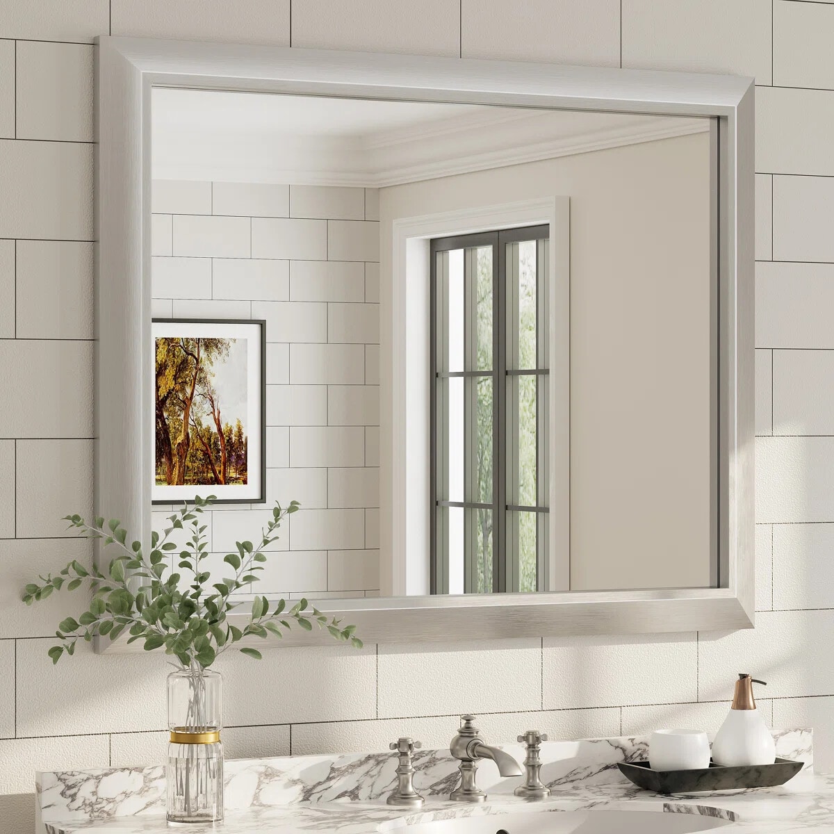 YQP 40x32 Inch Rectangle Thick Metal Framed Bathroom Mirrors with Tempered Glass