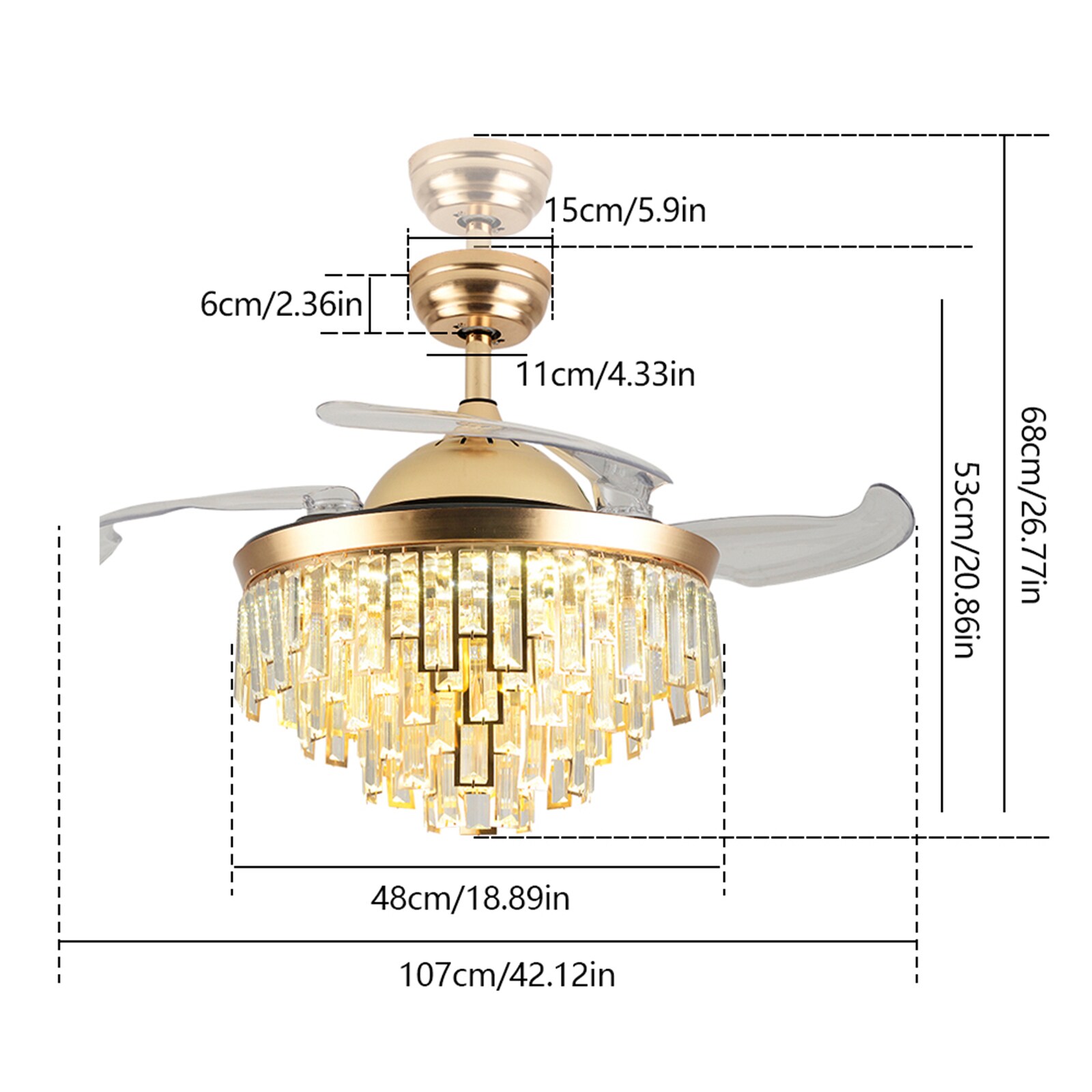 42" Gold Crystal Retractable Bladeless LED Chandelier Fan