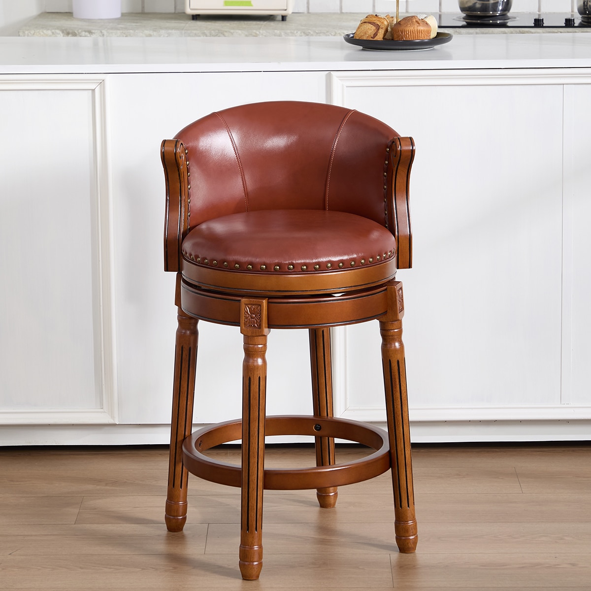 Blisstyle - Brown 26-in H Counter height Upholstered Swivel Wood Bar Stool