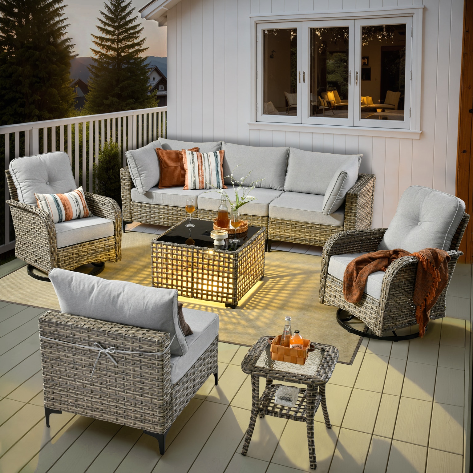 Ovios SK408YV 8 -Piece Rattan Patio Conversation Set with Light Gray Cushions