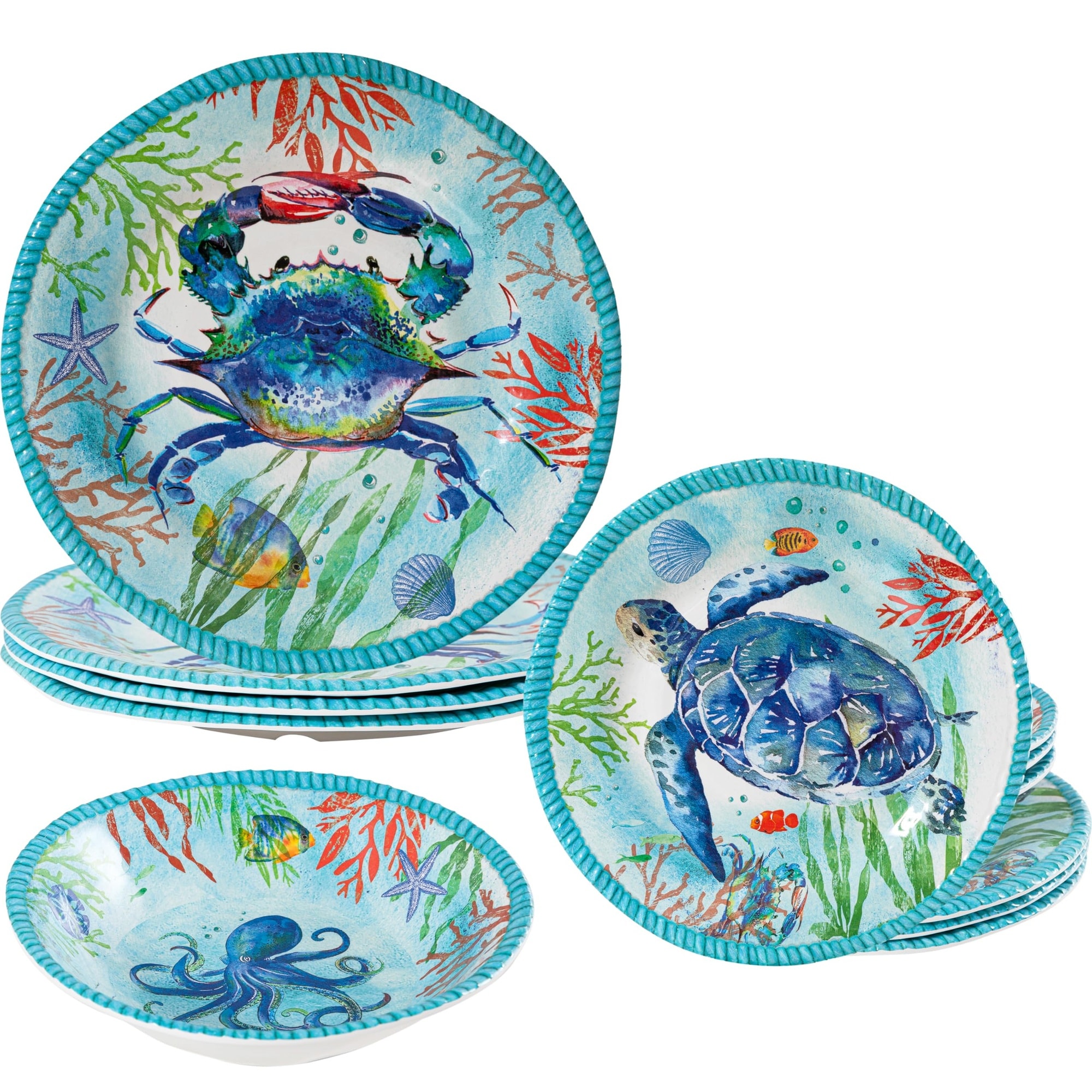 Aoibox  Coastal Ocean Theme Dinnerware Set 12 Piece Melamine Plates and Bowls Lightweight Unbreakable