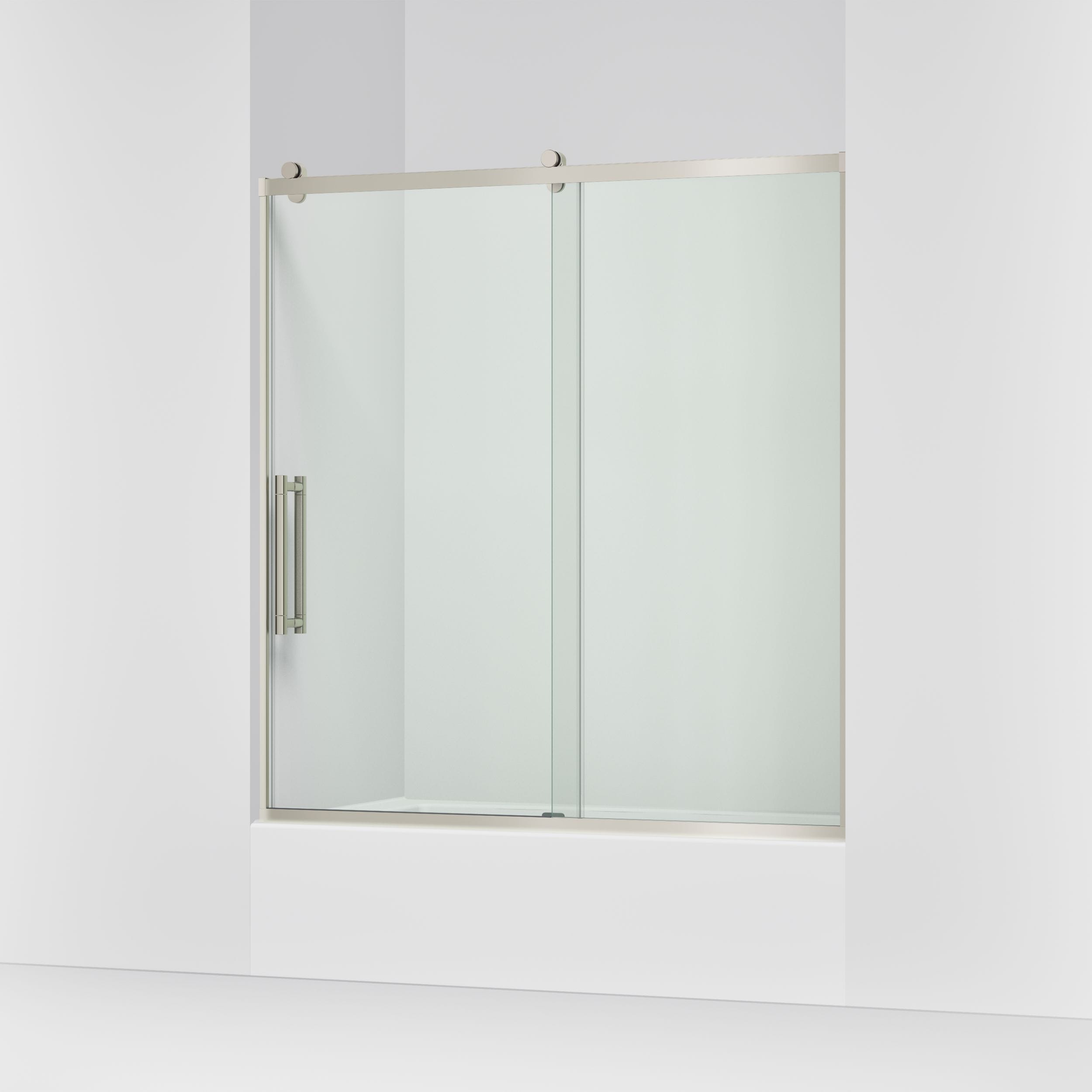 KOHLER Premise Anodized Brushed Nickel 56-in to 60-in W x 61.69-in H Frameless Sliding Soft Close Bathtub Door