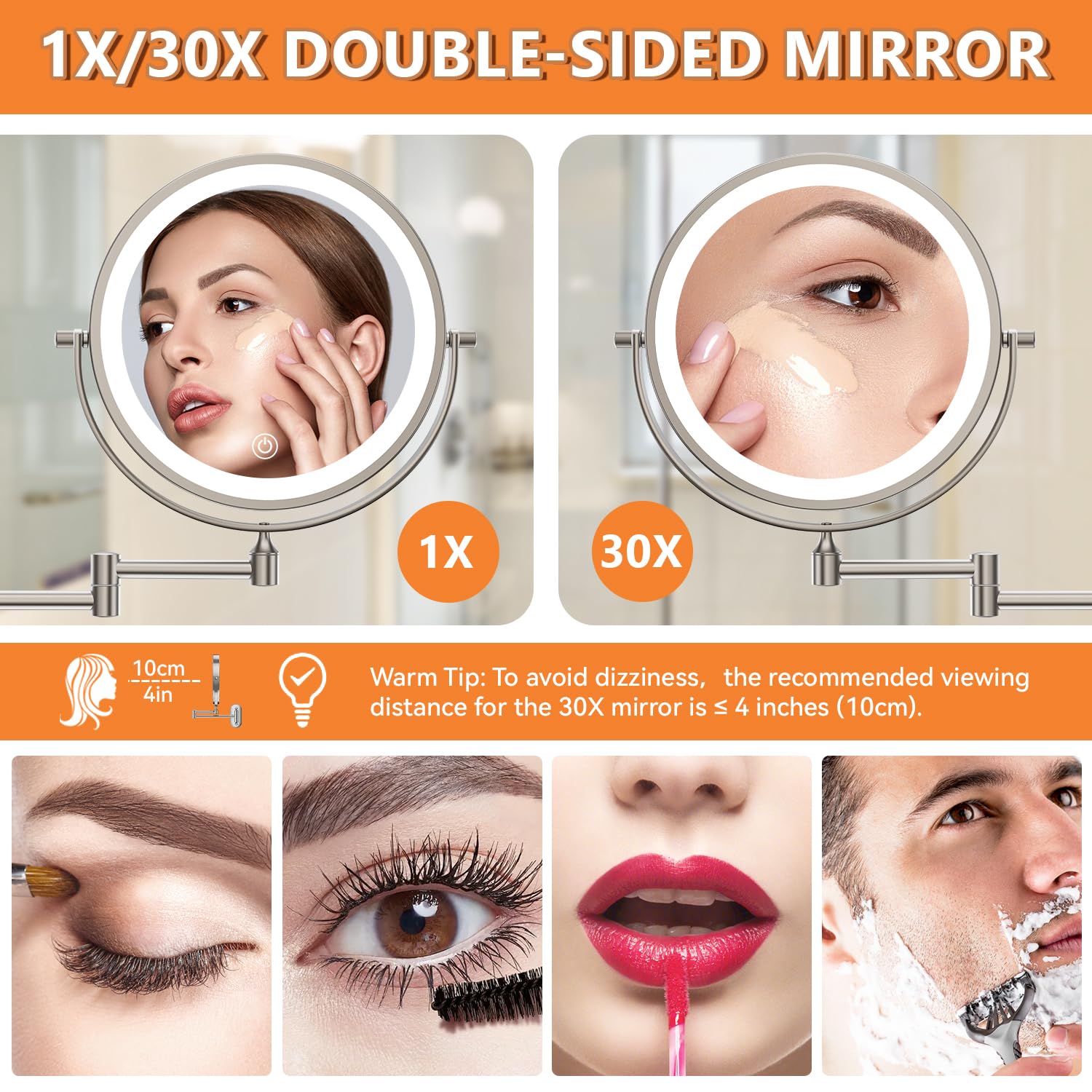 PIGFDK 8 Inch 1X 30X Wall Mounted Lighted Makeup Mirror Rechargeable ...