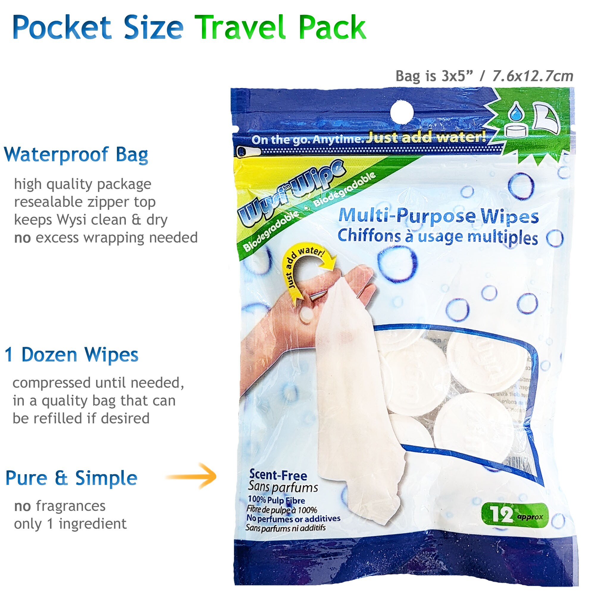 Wysi Multi-Purpose Expandable Wipes and Travel Tube, Just Add Water 500