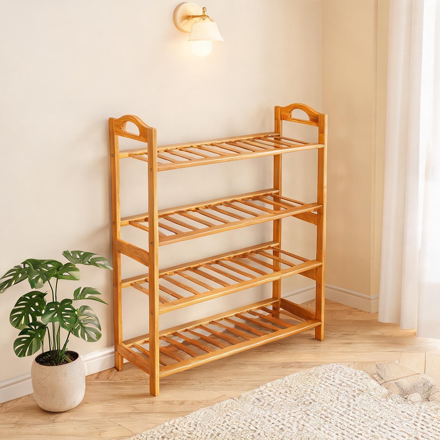 chillscreamni 12-Pair Modern Bamboo Shoe Organizer with Adjustable 4-Tier Shelving in Wood Tone