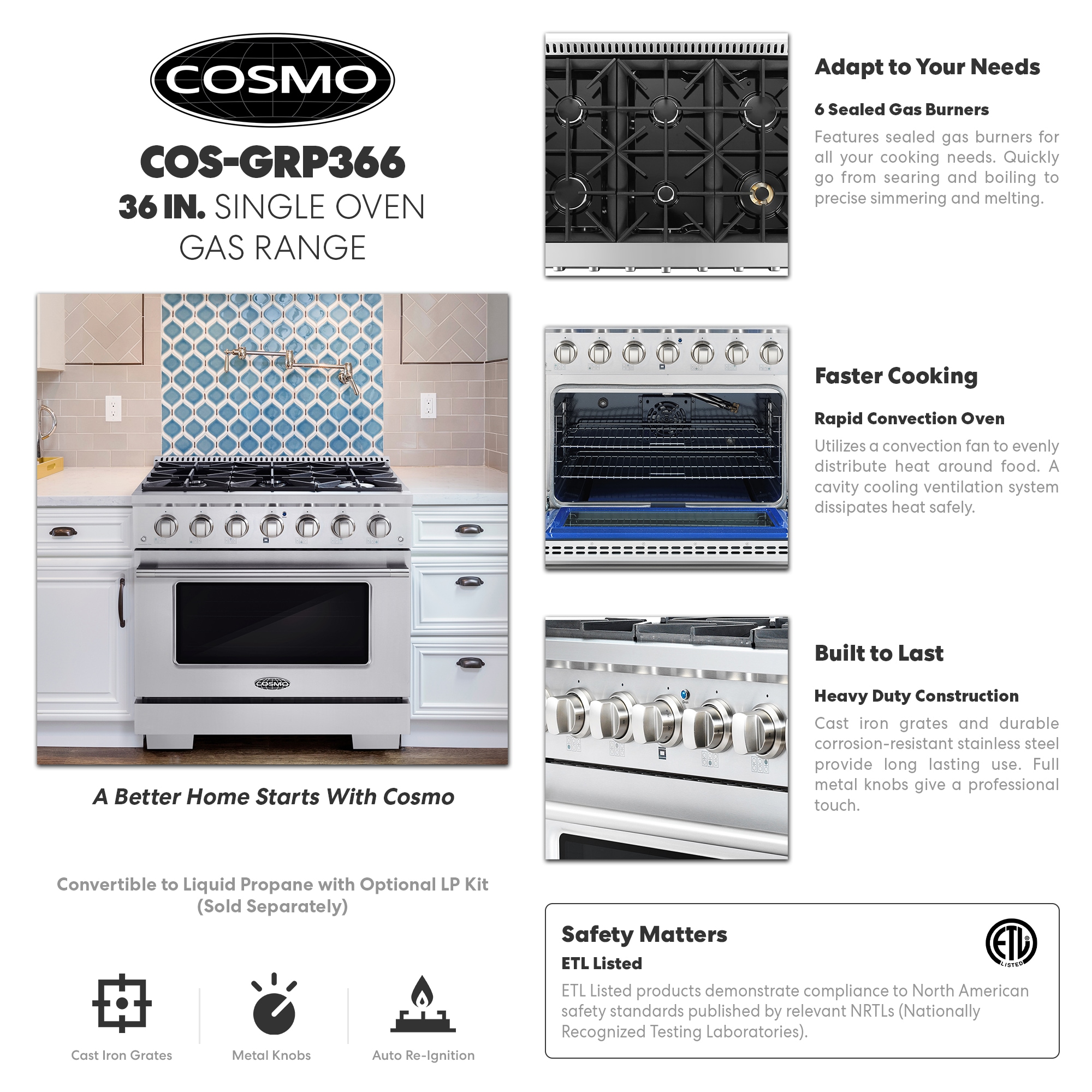 Cosmo 36-in 6 Burners 4.5-cu ft Convection Oven Freestanding Gas Range ...