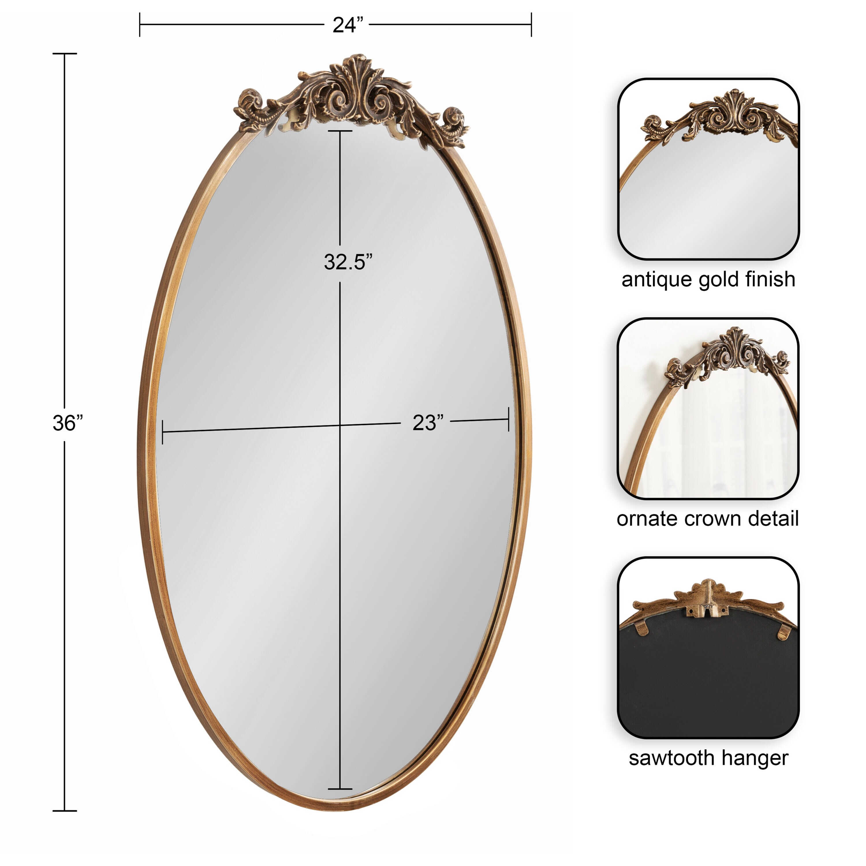 Antique Gold Oval Baroque Vanity Wall Mirror with Ornate Crown