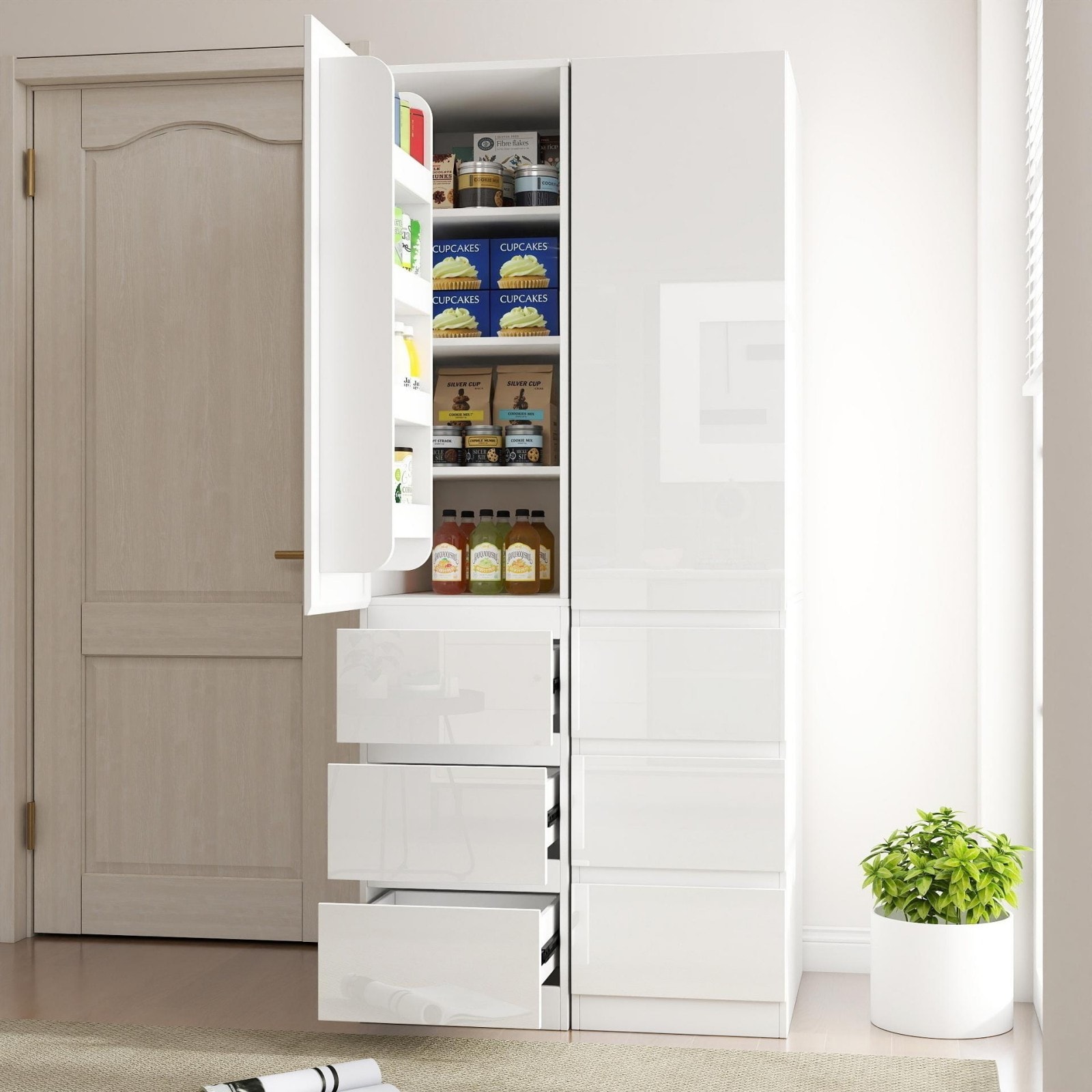 GlasFlength  71-Inch Kitchen Pantry Storage Cabinet with Door Shelf and Drawer Organizer Modern Space Saving Design for Kitchen Dining Room Living Space White