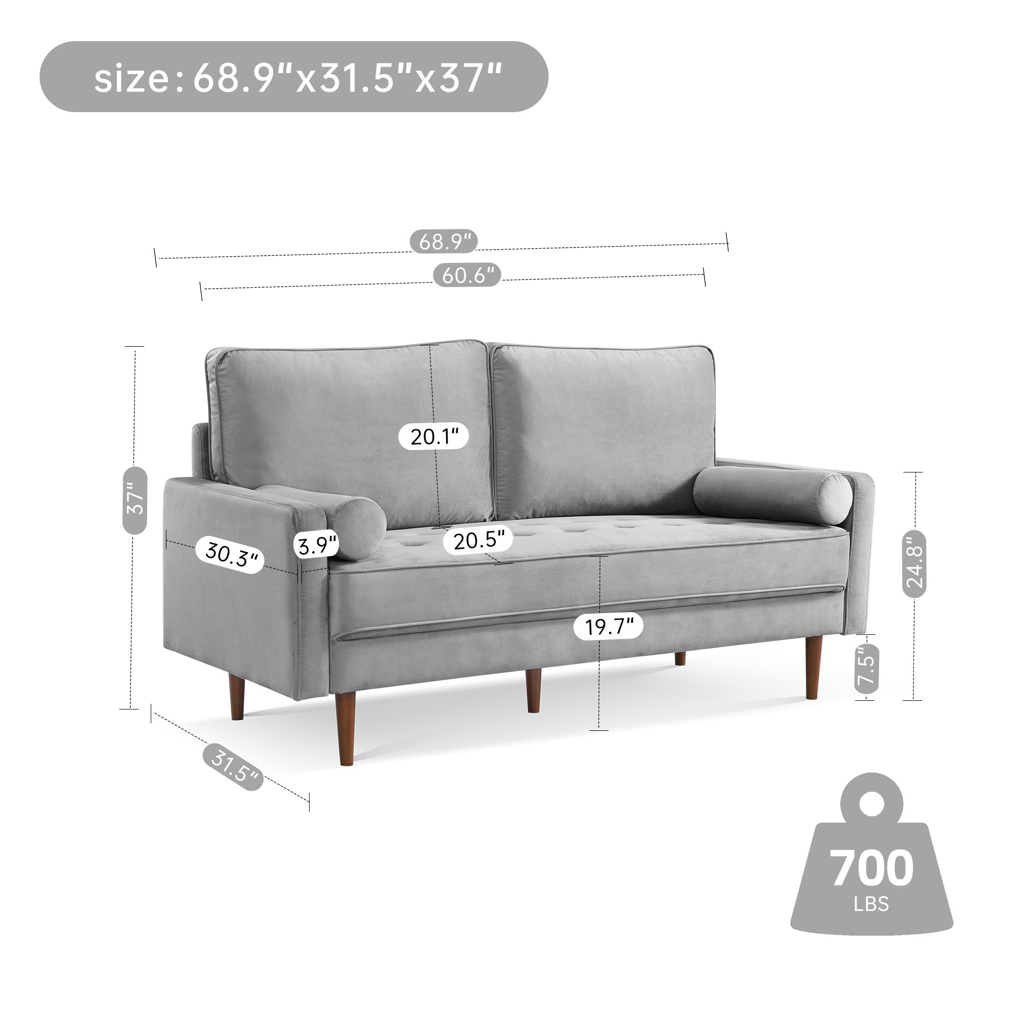 69 Inch Grey Velvet Sofa with Wood Legs and Bolster Pillows