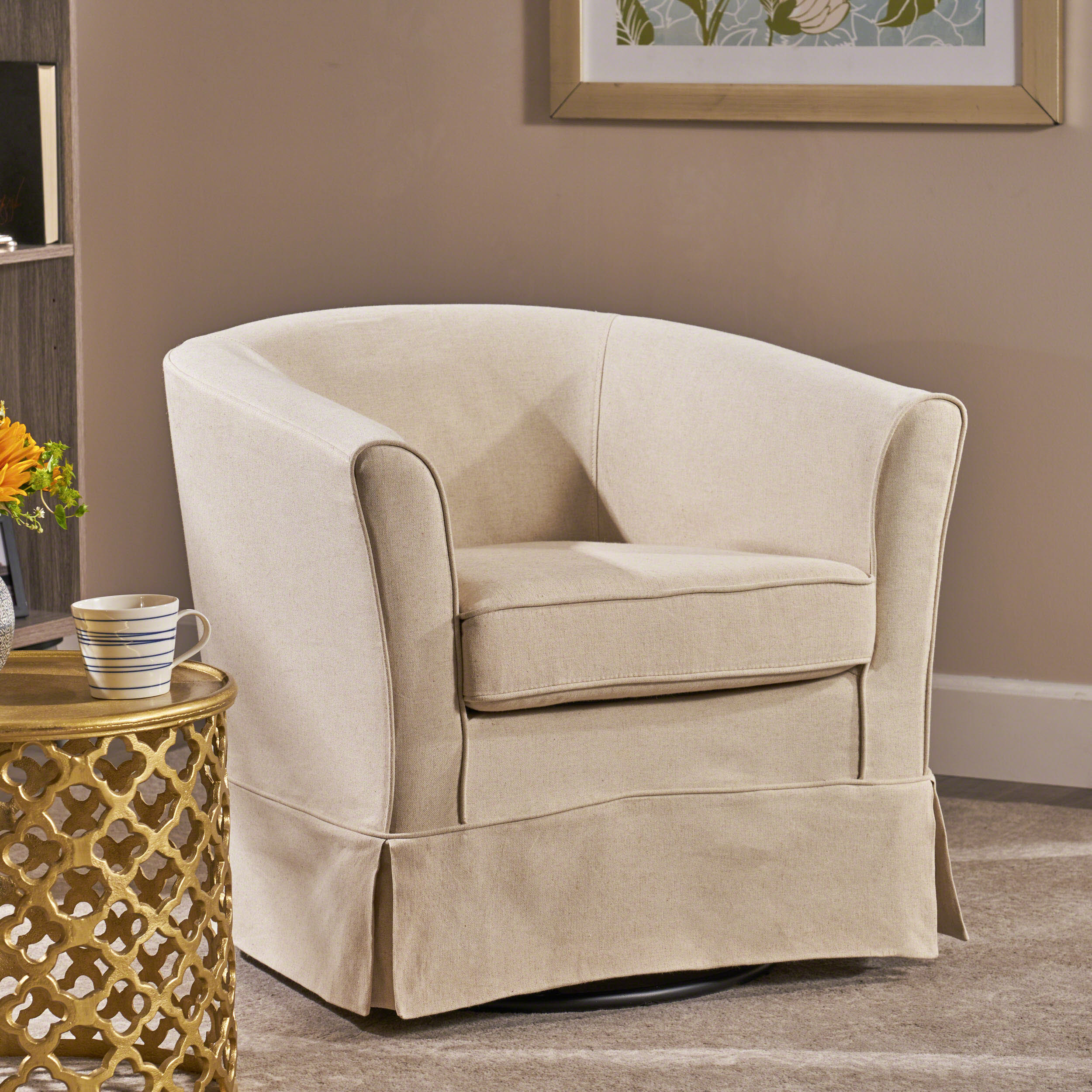 Natural Fabric Barrel Swivel Club Chair with Metal Base