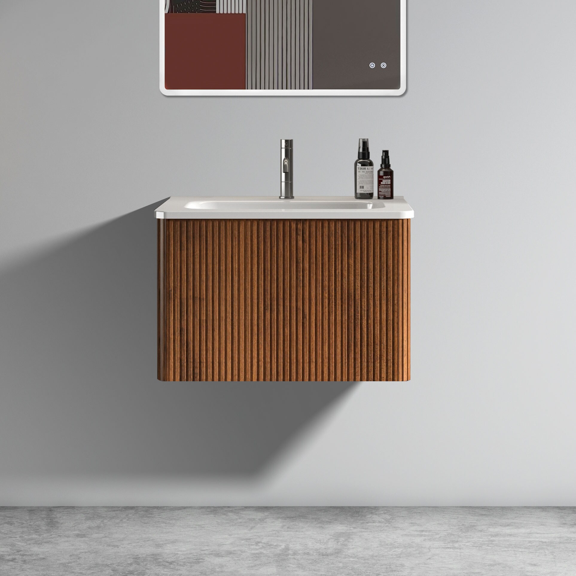LUXEYARD U046-Etna24W-305 Etna 24 inch Striped Walnut Bathroom Vanity with White Ceramic Sink Wall Mounted Floating Bathroom Vanity for Modern Bathroom Pre-assembled