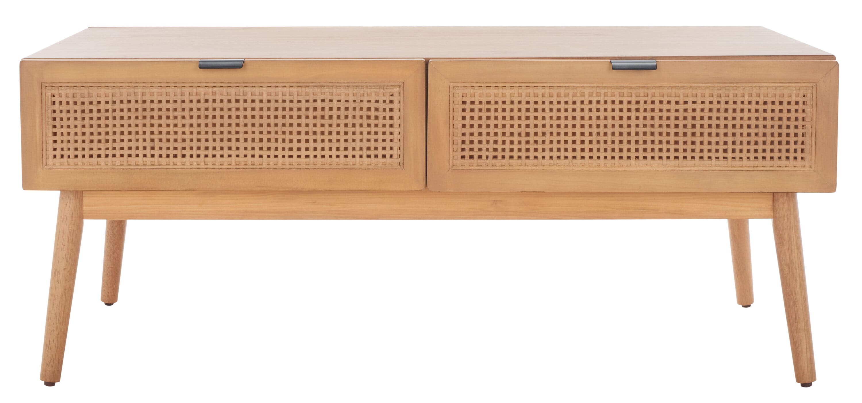 Natural Wood Rectangular Coffee Table with Woven Storage Drawers
