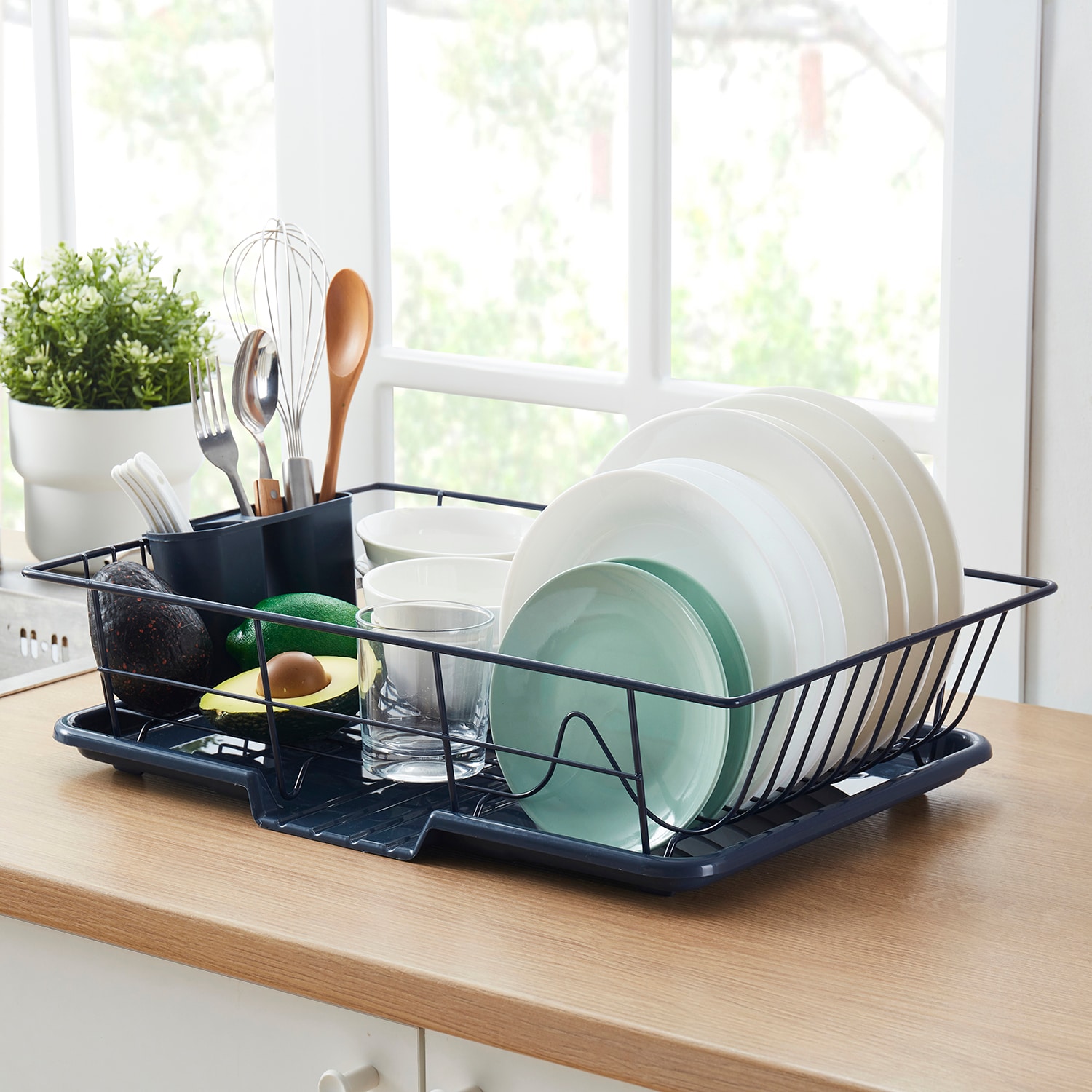 Sweet Home Collection LOW-3PC-DD-NAV Steel 3 Pc Large Countertop Dish Drainer with Drain Board and Utensil Holder
