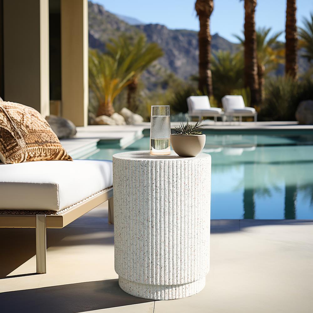 Ivory White Cement Round Outdoor Side Table with Gray Flecks