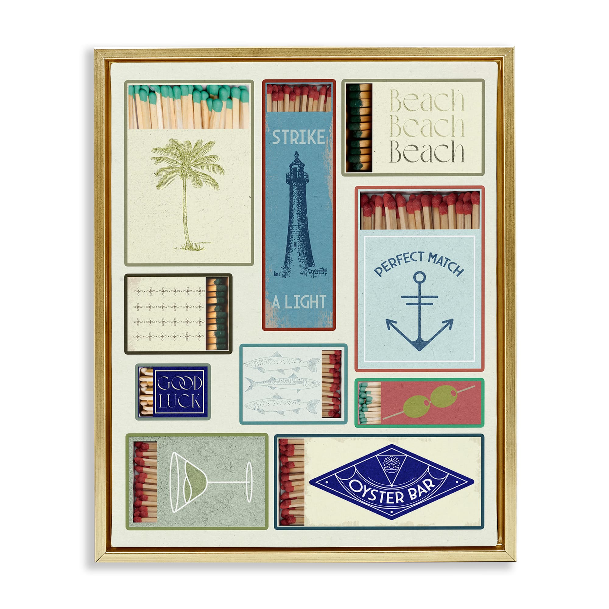 Stupell Industries BT-133-FFG-16X20 Nautical Theme Matchboxes Gold Framed Floater Canvas Wall Art By Lil' Rue 17 x 21