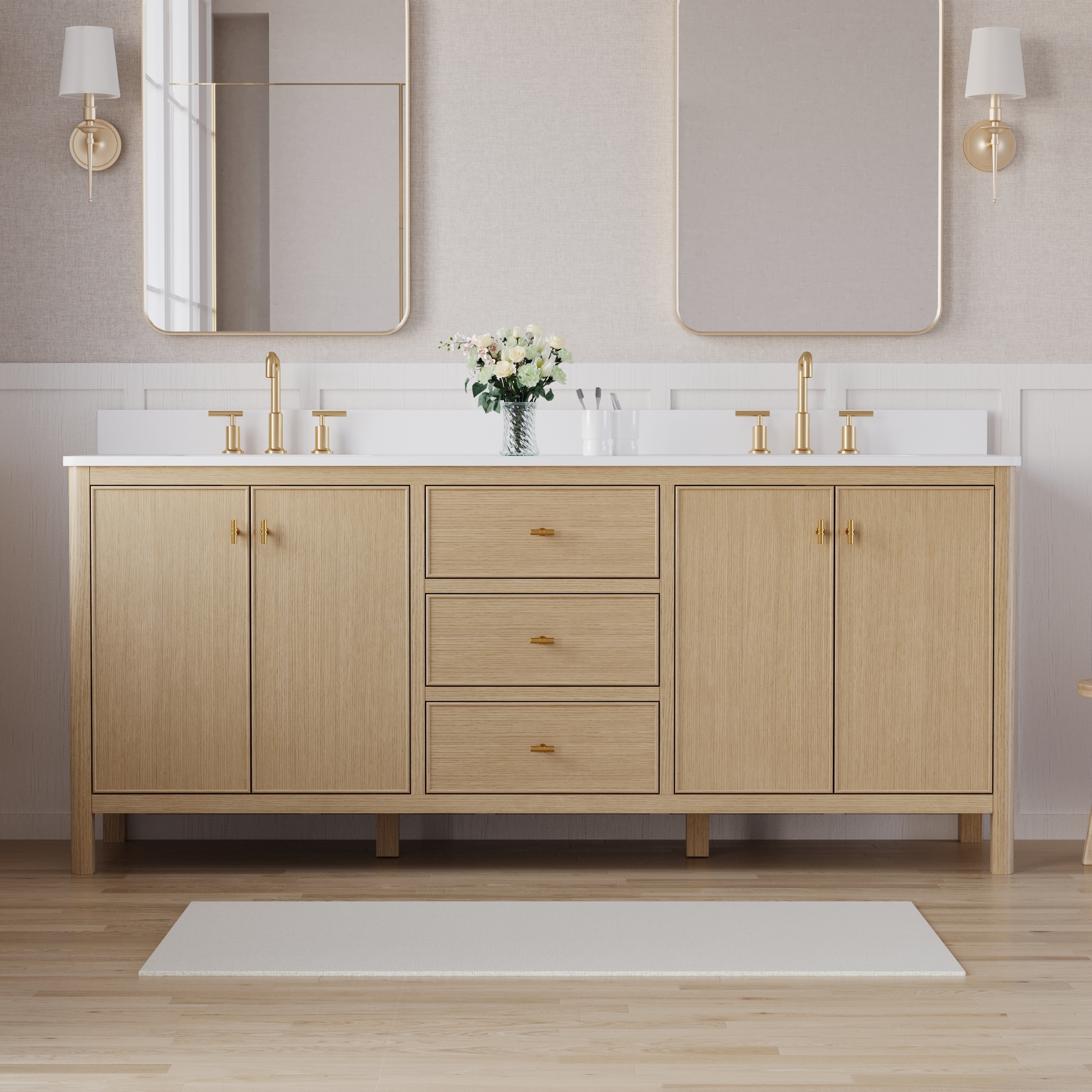 Forclover CLORIN Solid Wood 80-in OAK Undermount Double Sink Bathroom Vanity with White Quartz Top (Fully Assembled)