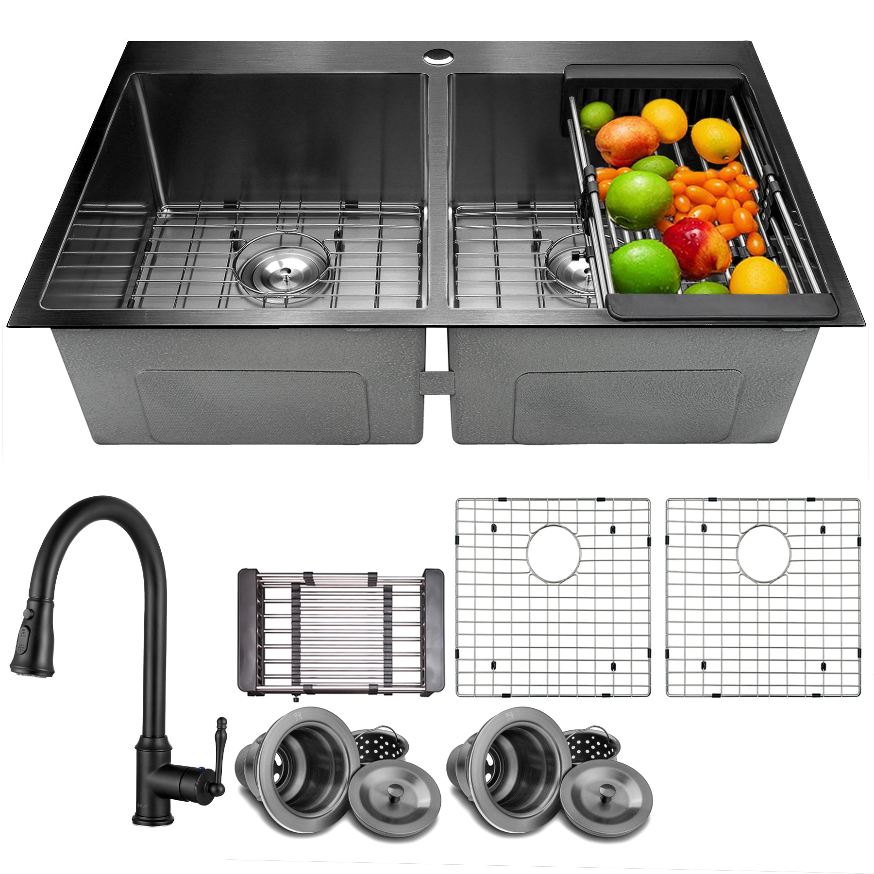 AKDY KS0533-KF9 Drop-in 33-in x 22-in Stainless steel Double equal bowl Kitchen Sink All-in-One Kit
