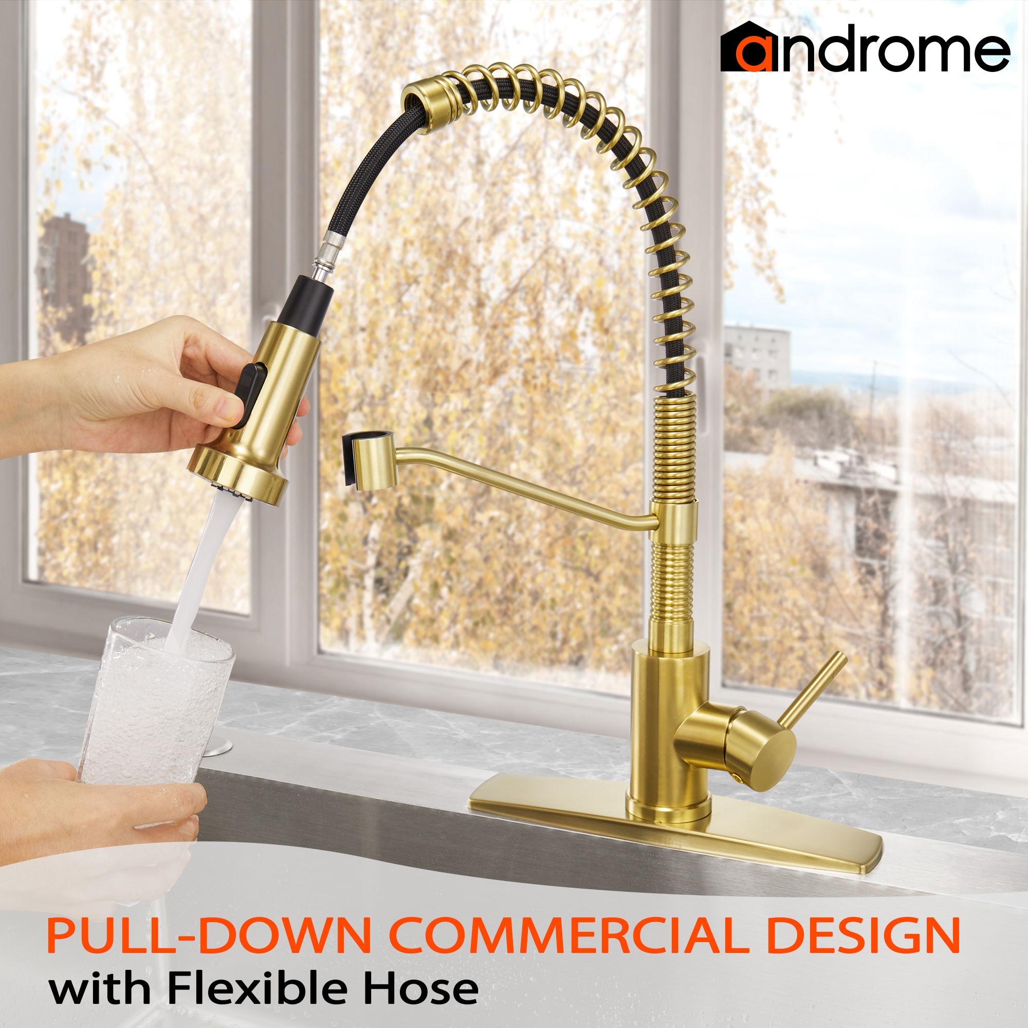 Androme Gold Single Handle Pull Down Kitchen Faucet With Sprayer Deck Plate Included Aa22007g 9544