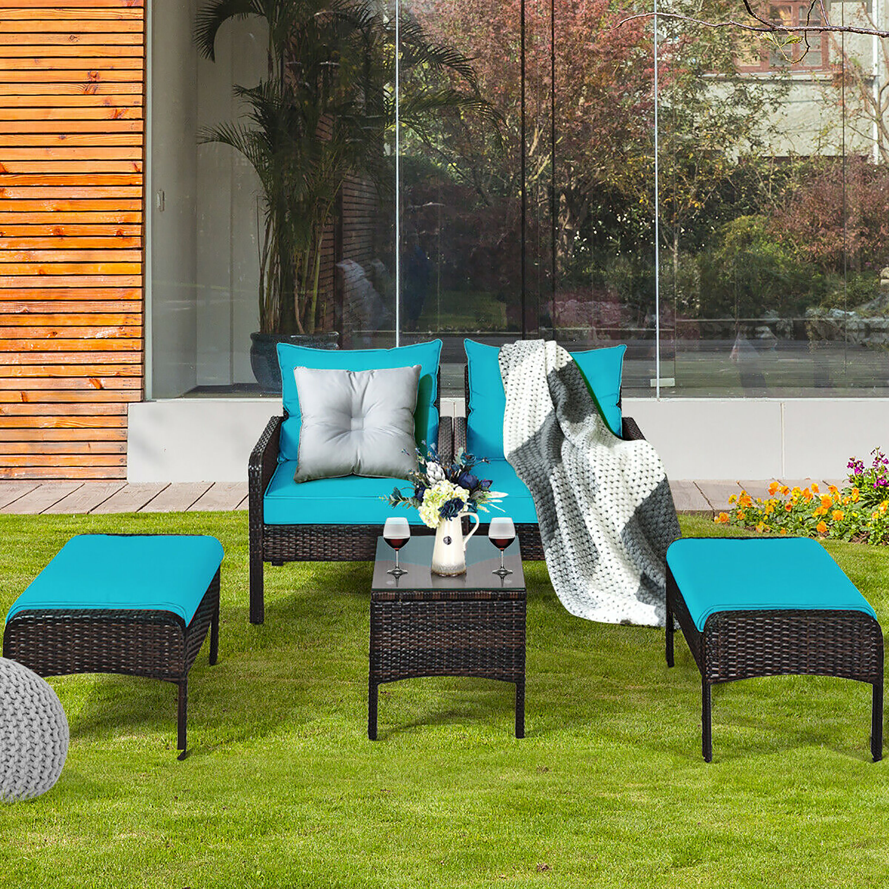 Turquoise 5-Piece Outdoor Rattan Conversation Set with Cushions