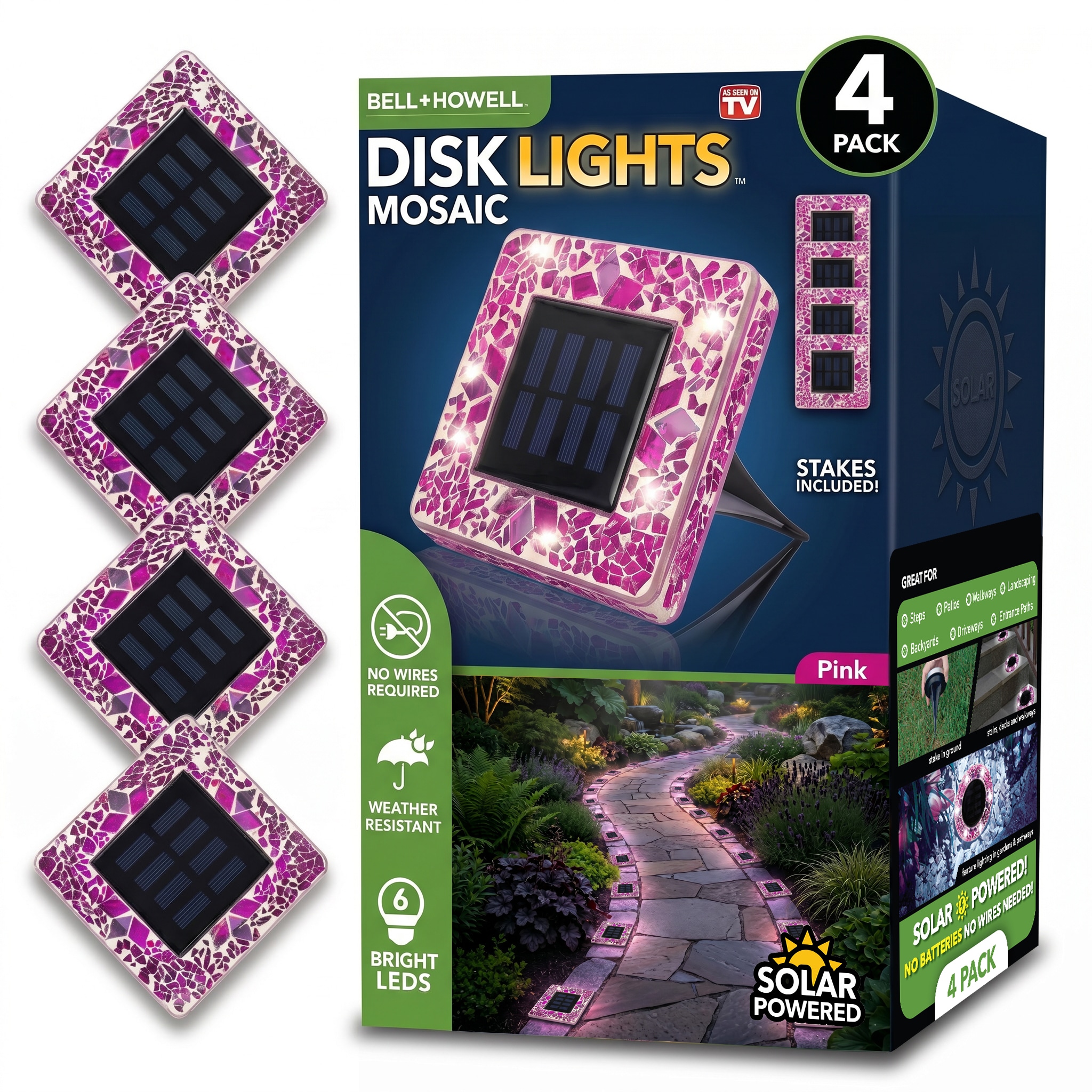 BELL + HOWELL 4 -Pack Bell + Howell Disk Lights 3 -Lumens Fushcia Mosaic Low voltage Solar Integrated LED Path Light ( 6500-K )